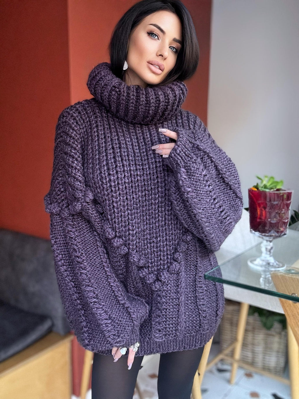 Large cable hand knit dark blue alpaca wool sweater unisex Cable knit pullover high collar Knitted big turtleneck Super Bulky Sweater dress