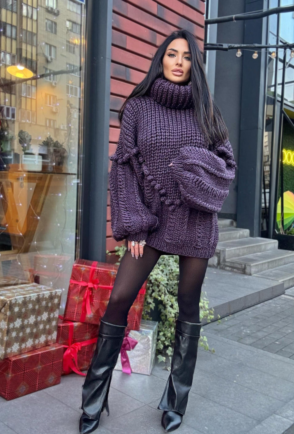 Large cable hand knit dark blue alpaca wool sweater unisex Cable knit pullover high collar Knitted big turtleneck Super Bulky Sweater dress
