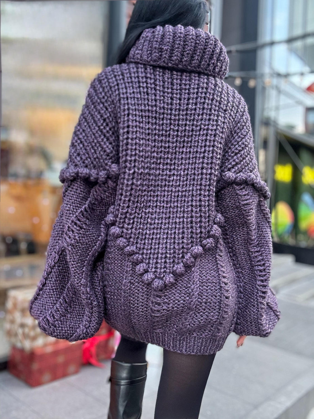Large cable hand knit dark blue alpaca wool sweater unisex Cable knit pullover high collar Knitted big turtleneck Super Bulky Sweater dress