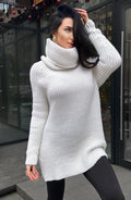 White milk pastel hand knit big collar long sweater turtleneck Cable Knit Pastel wool pullover Womens Chunky knit sweater dress