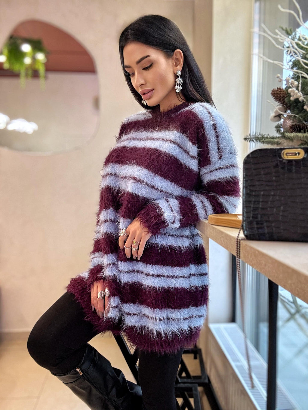 Merino wool soft light blue burgundy grape hand knit big striped sweater dress For sensitive skin pullover Fluffy body friendly sweater