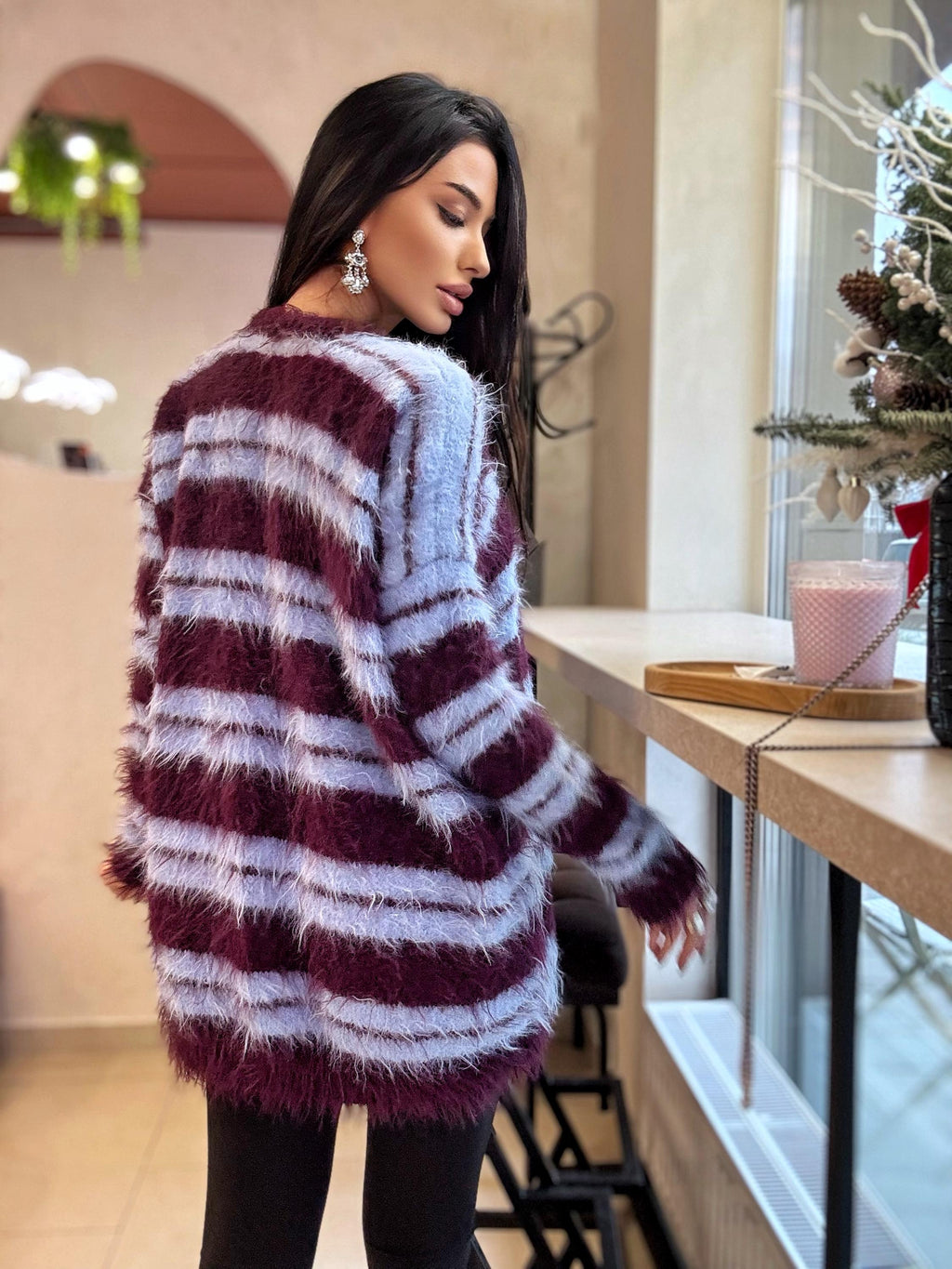 Merino wool soft light blue burgundy grape hand knit big striped sweater dress For sensitive skin pullover Fluffy body friendly sweater