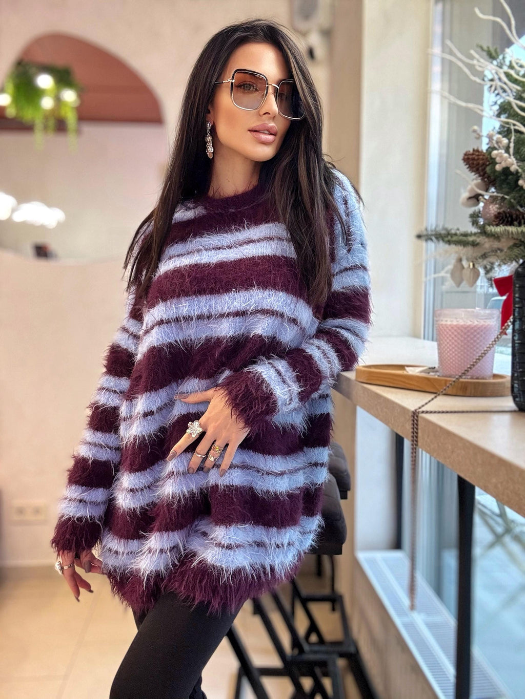 Merino wool soft light blue burgundy grape hand knit big striped sweater dress For sensitive skin pullover Fluffy body friendly sweater