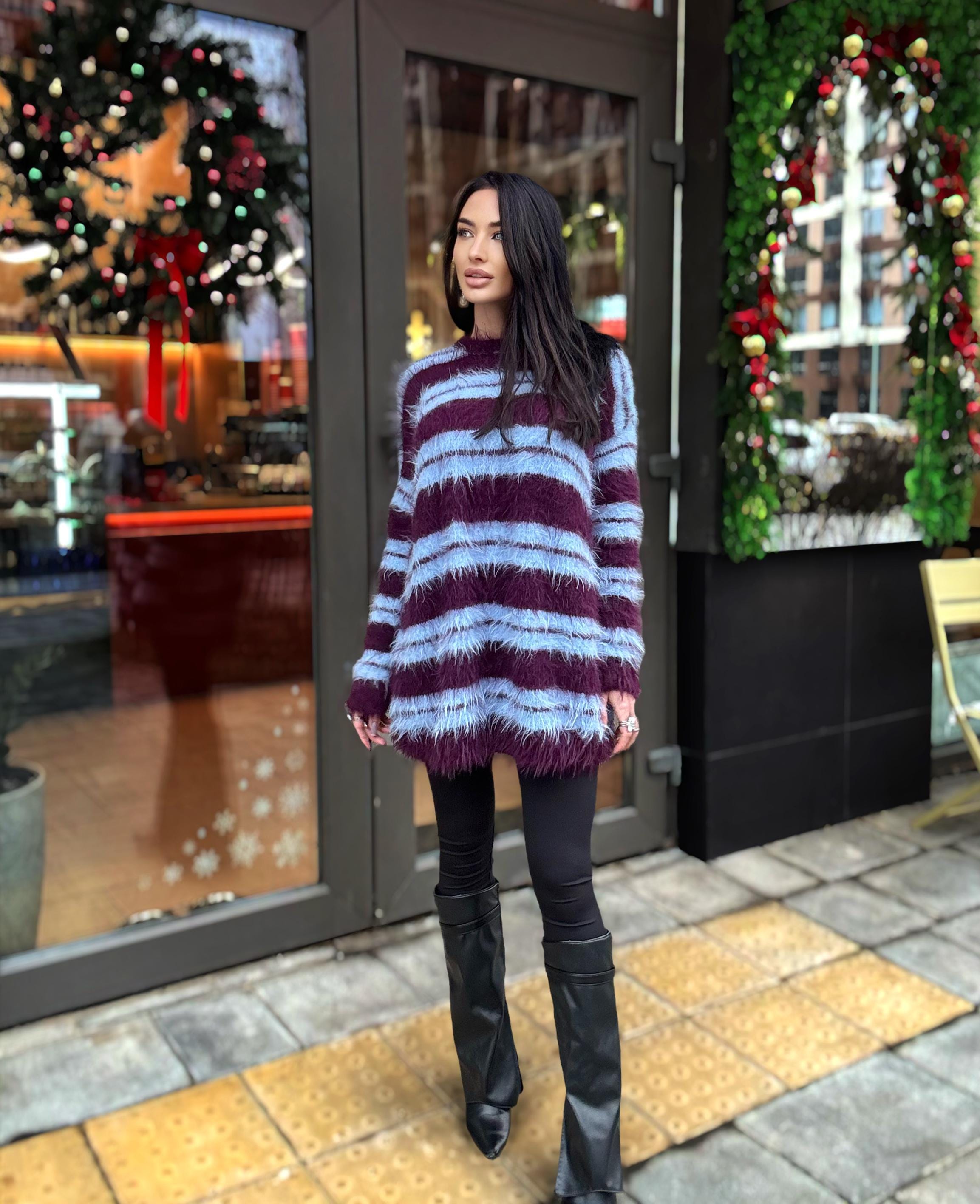 Merino wool soft light blue burgundy grape hand knit big striped sweater dress For sensitive skin pullover Fluffy body friendly sweater
