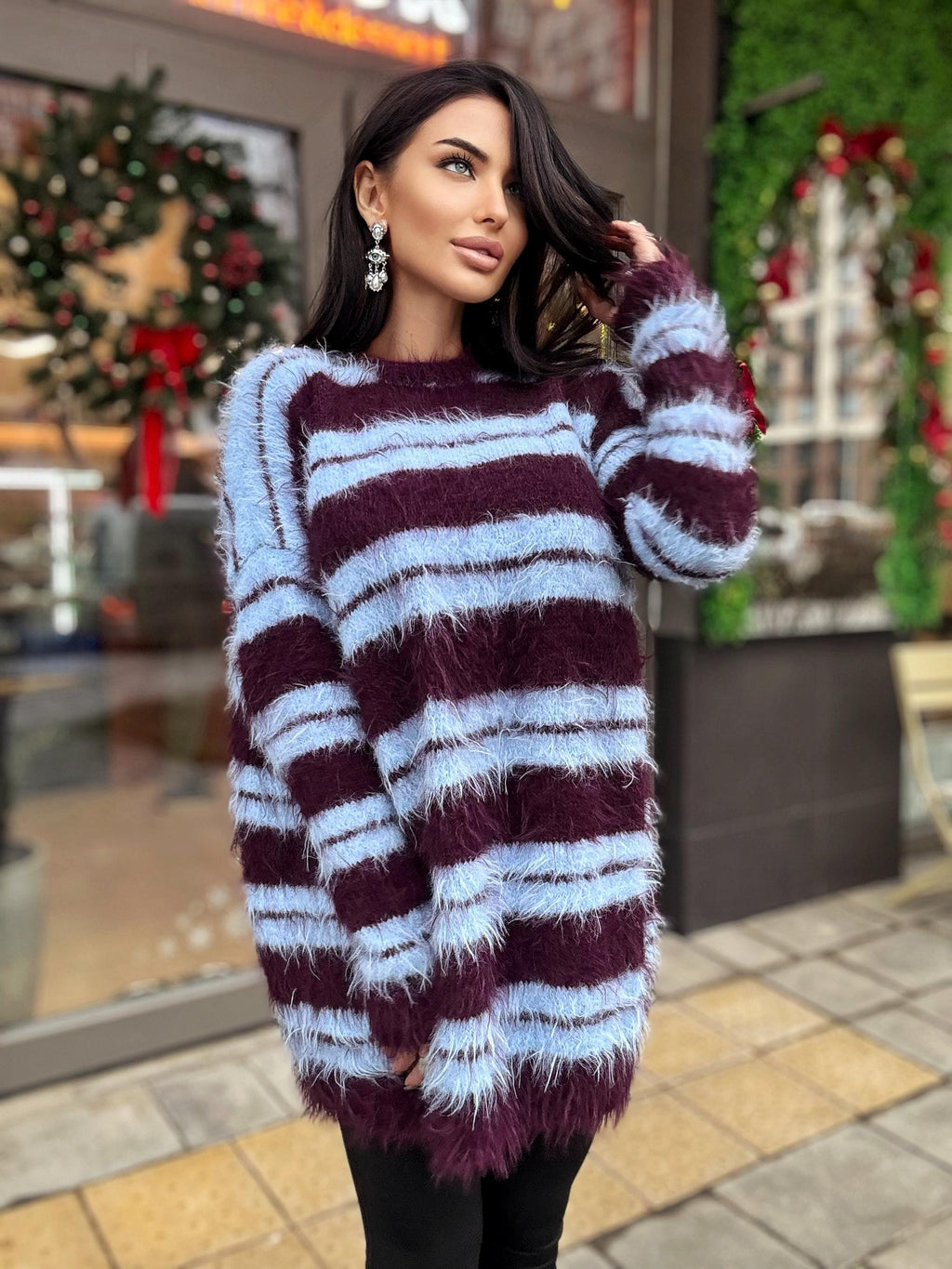 Merino wool soft light blue burgundy grape hand knit big striped sweater dress For sensitive skin pullover Fluffy body friendly sweater