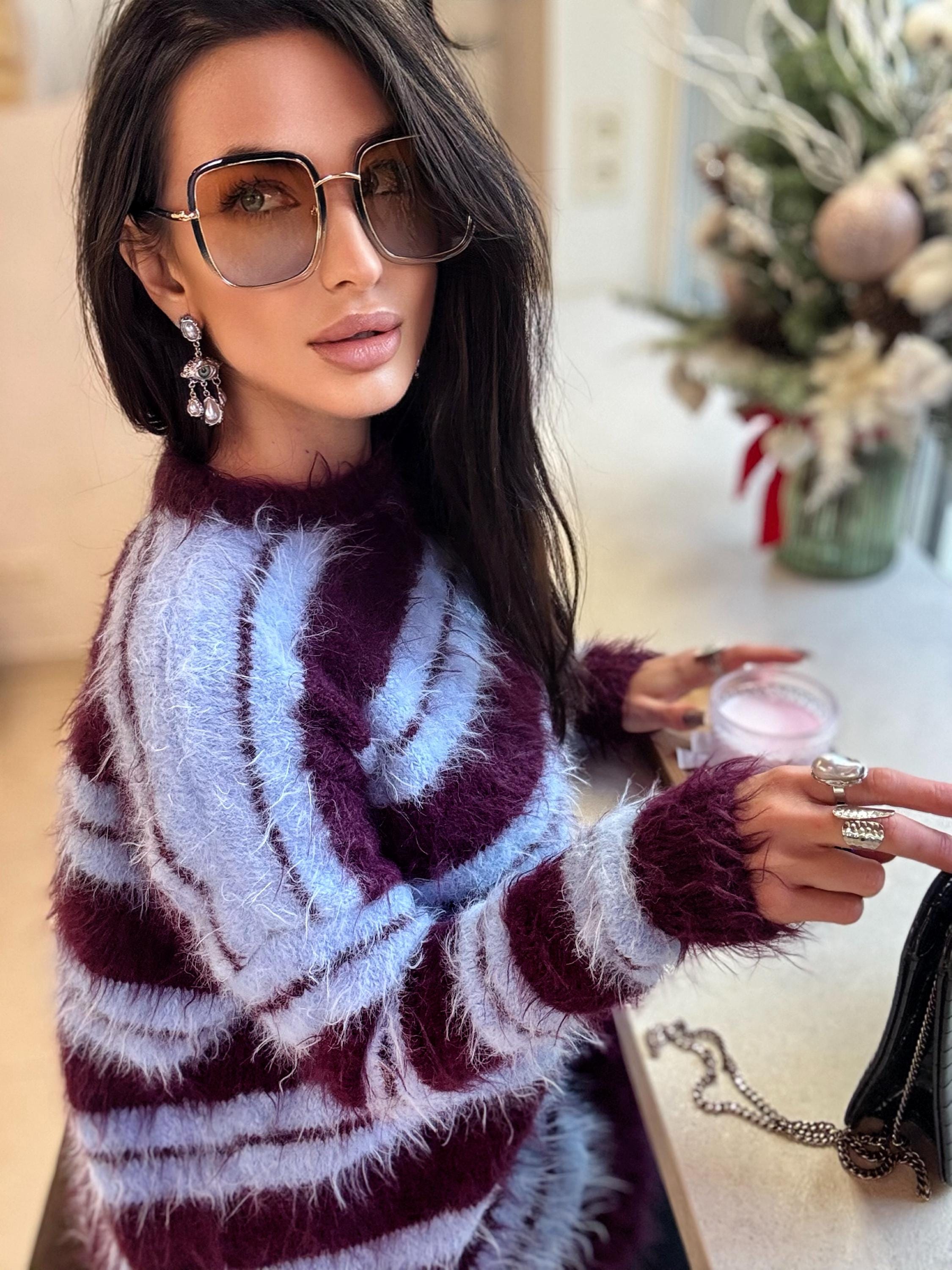 Merino wool soft light blue burgundy grape hand knit big striped sweater dress For sensitive skin pullover Fluffy body friendly sweater
