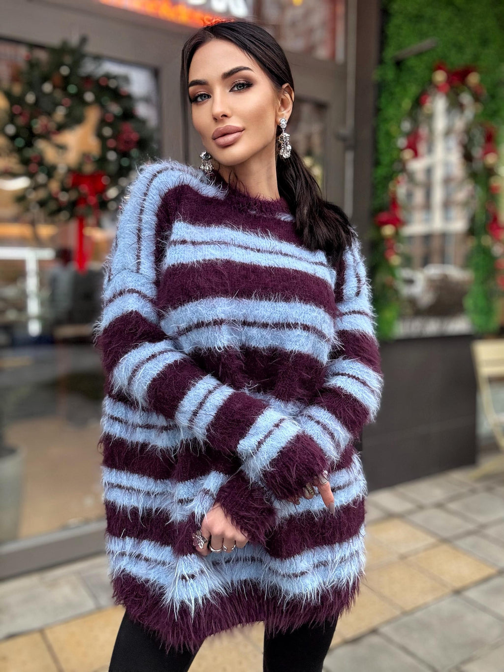 Merino wool soft light blue burgundy grape hand knit big striped sweater dress For sensitive skin pullover Fluffy body friendly sweater
