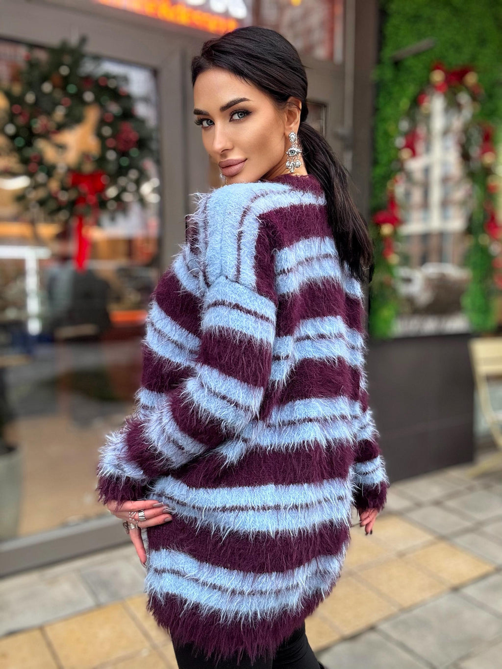 Merino wool soft light blue burgundy grape hand knit big striped sweater dress For sensitive skin pullover Fluffy body friendly sweater