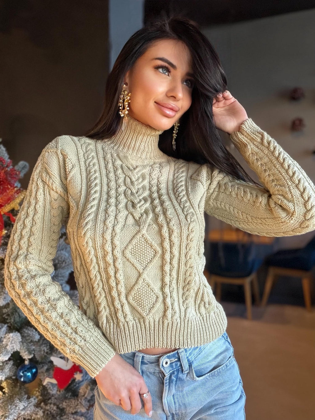 Hand knit merino wool light beige aran Scandinavian sweater Chunky knit turtleneck pullover Oversize crop sweater Women cable knit sweater