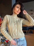 Hand knit merino wool light beige aran Scandinavian sweater Chunky knit turtleneck pullover Oversize crop sweater Women cable knit sweater