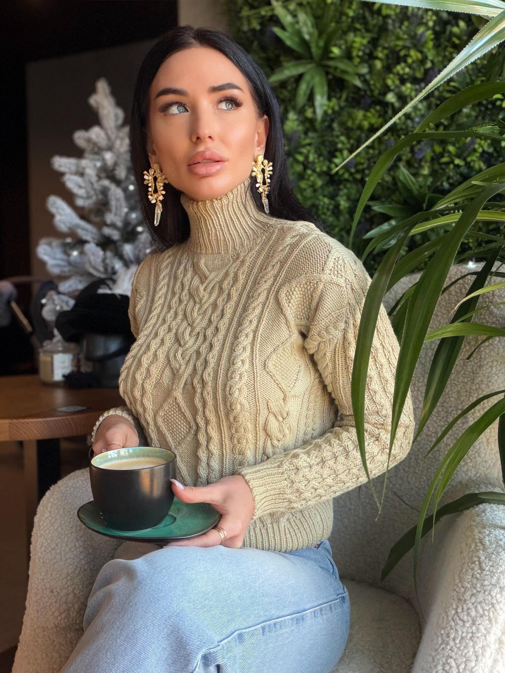 Hand knit merino wool light beige aran Scandinavian sweater Chunky knit turtleneck pullover Oversize crop sweater Women cable knit sweater