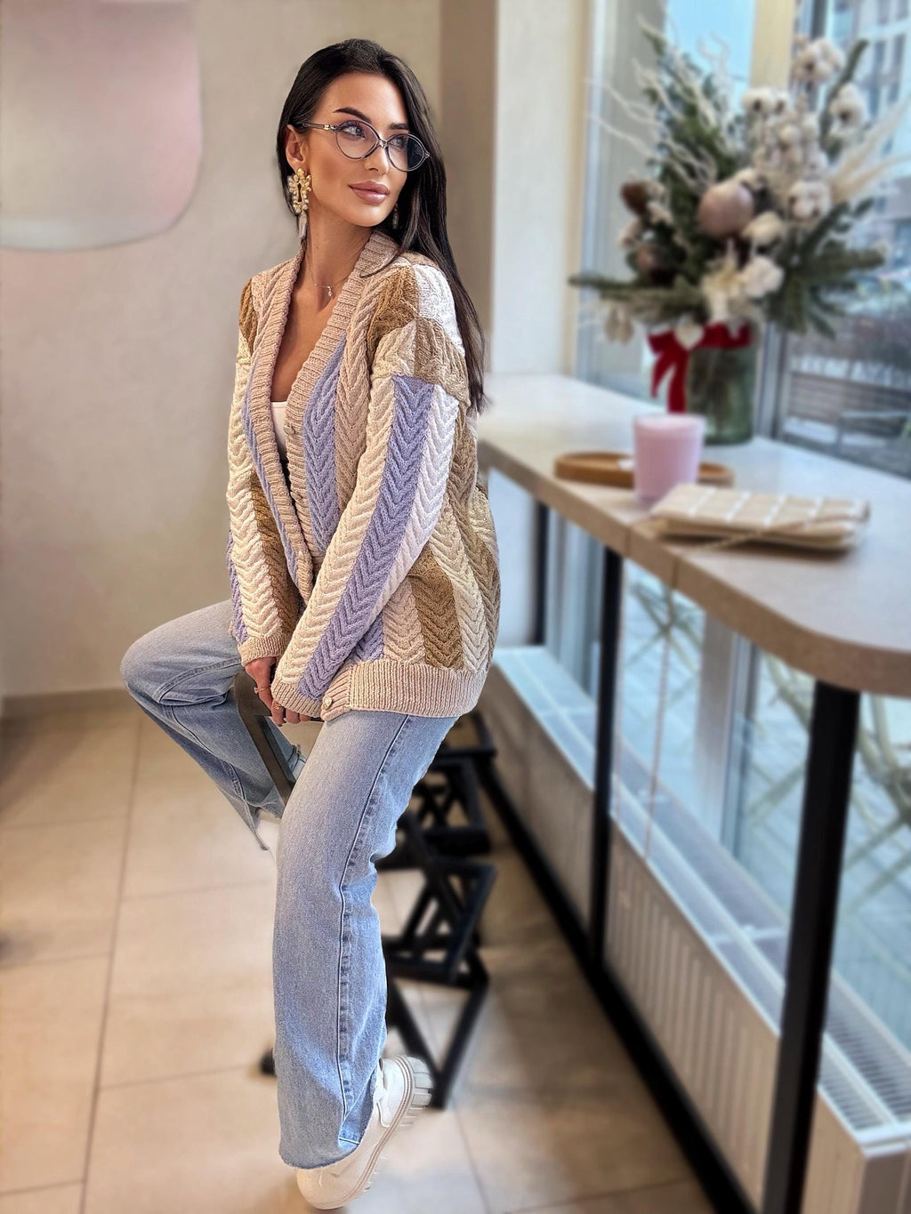 Chunky hand knit alpaca wool patchwork cardigan Pastel cardigan on buttons Cable knit white blue beige sweater Striped handmade sweater