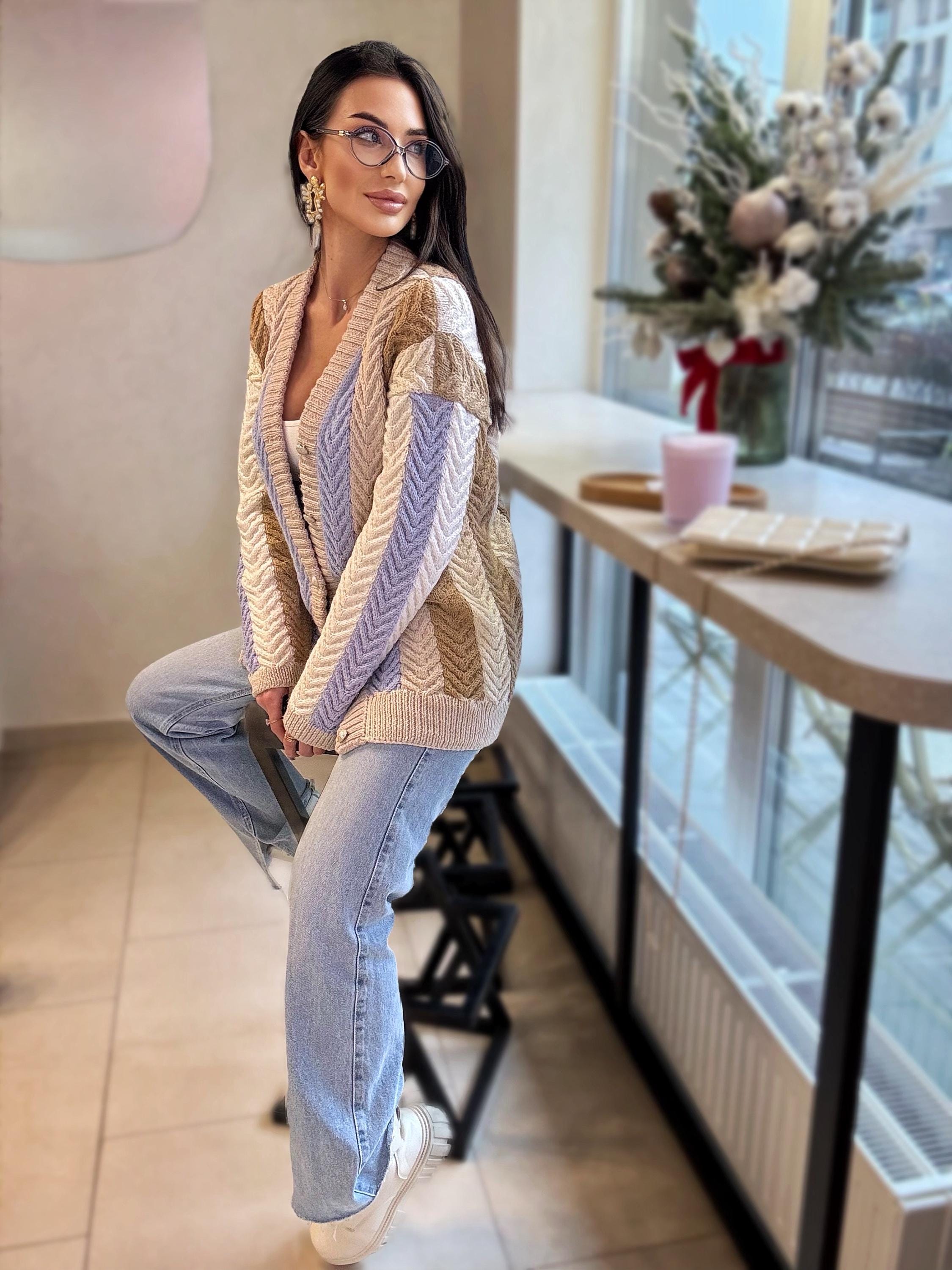 Chunky hand knit alpaca wool patchwork cardigan Pastel cardigan on buttons Cable knit white blue beige sweater Striped handmade sweater