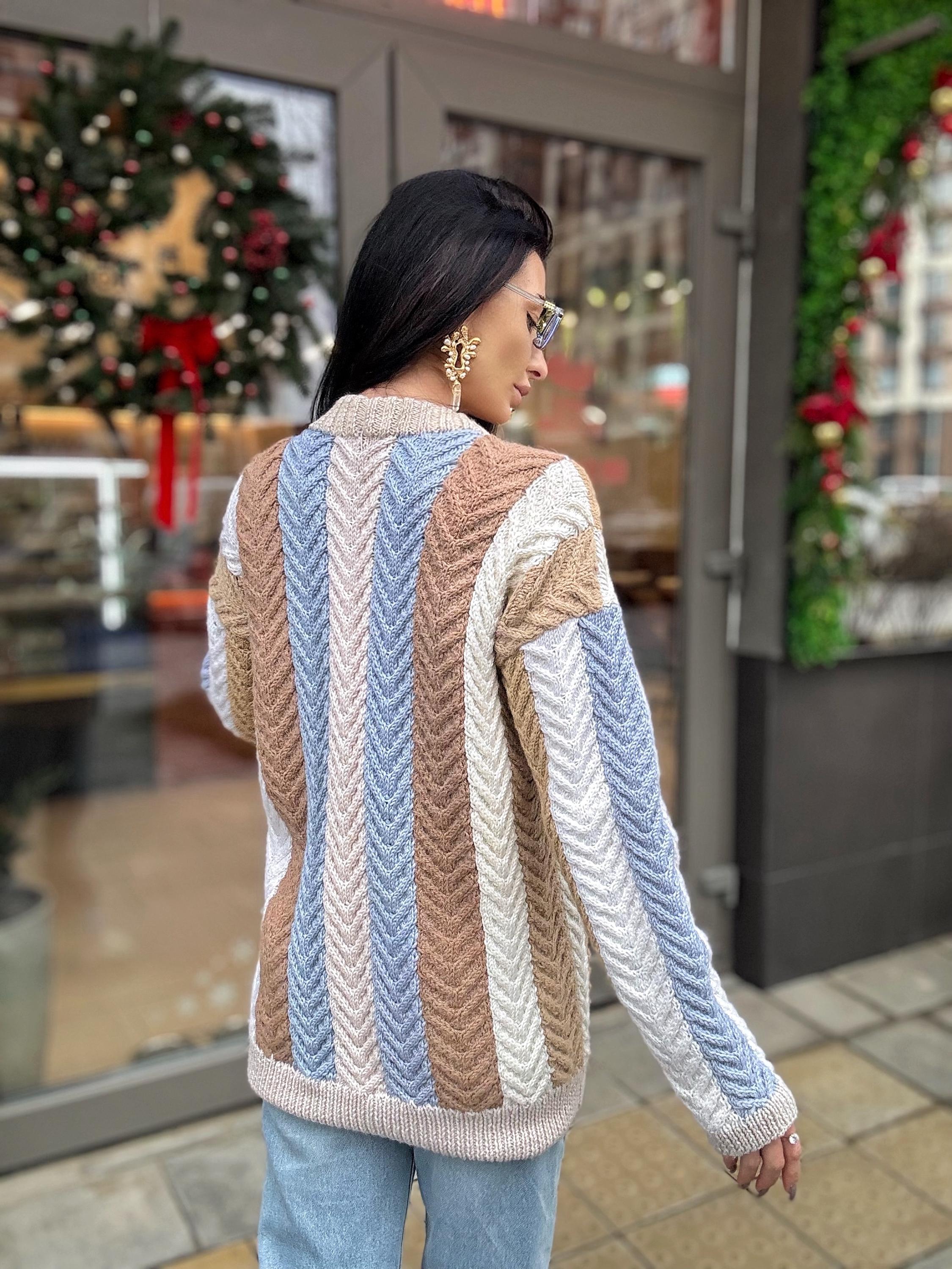 Chunky hand knit alpaca wool patchwork cardigan Pastel cardigan on buttons Cable knit white blue beige sweater Striped handmade sweater