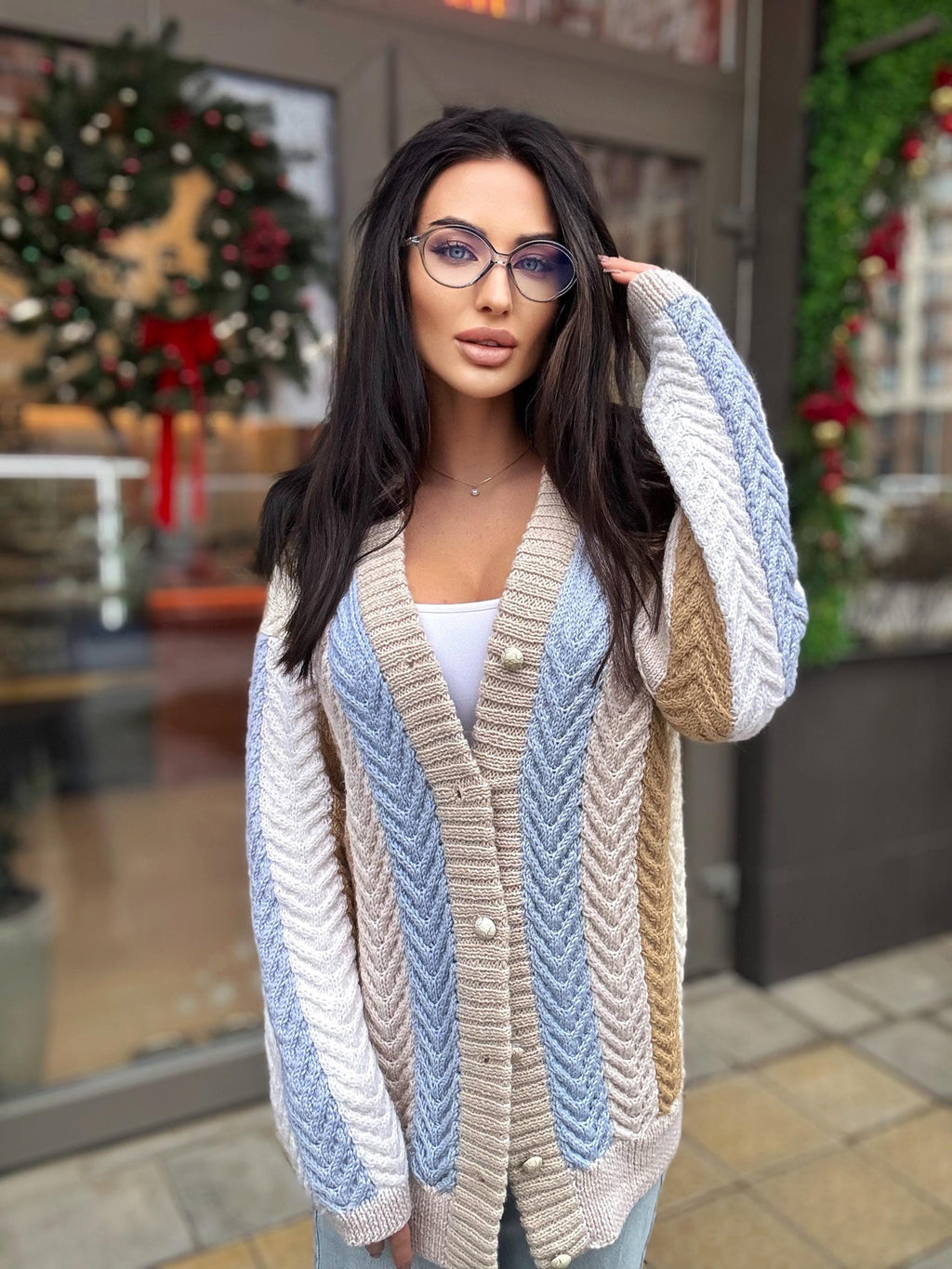 Chunky hand knit alpaca wool patchwork cardigan Pastel cardigan on buttons Cable knit white blue beige sweater Striped handmade sweater
