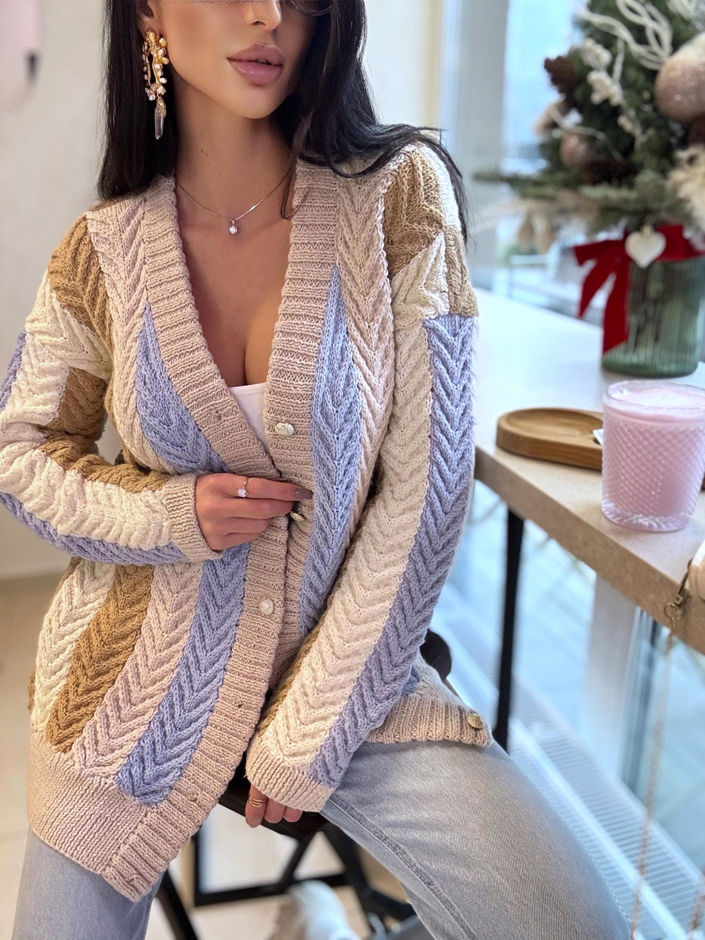 Chunky hand knit alpaca wool patchwork cardigan Pastel cardigan on buttons Cable knit white blue beige sweater Striped handmade sweater