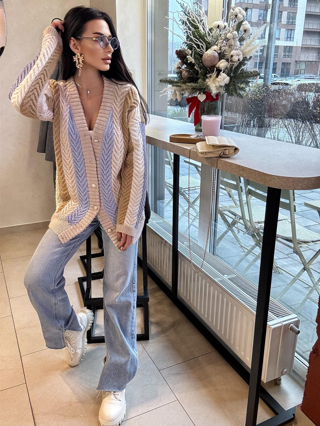 Chunky hand knit alpaca wool patchwork cardigan Pastel cardigan on buttons Cable knit white blue beige sweater Striped handmade sweater
