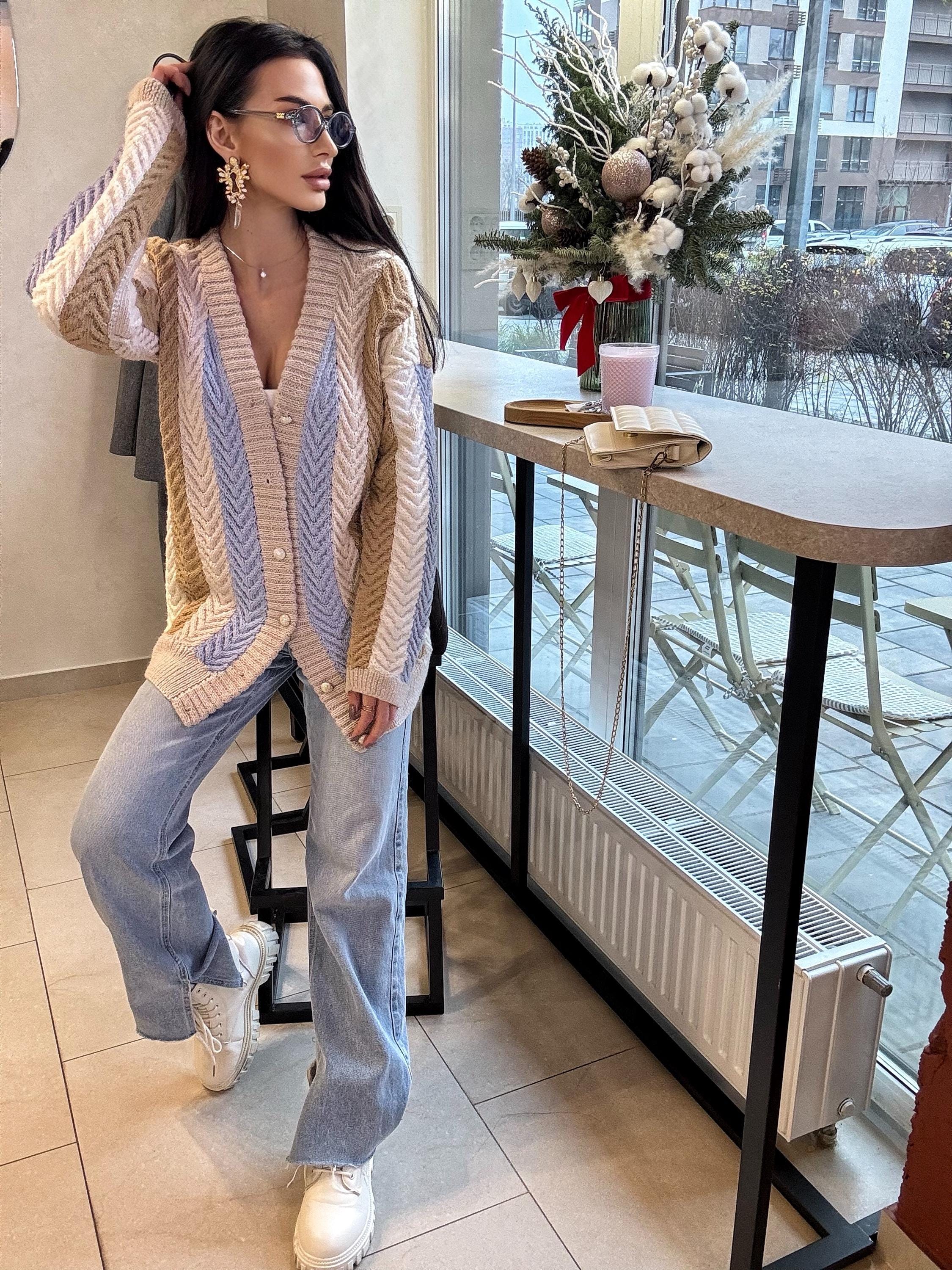 Chunky hand knit alpaca wool patchwork cardigan Pastel cardigan on buttons Cable knit white blue beige sweater Striped handmade sweater