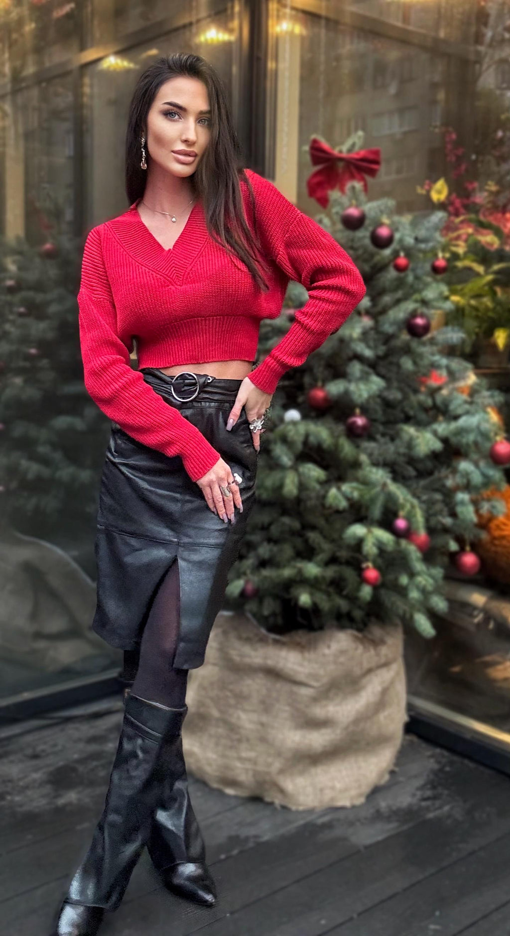 Organic cotton red sweater crop top Cable knit V collar cotton merino wool pullover women Chunky knit black fall oversize sweater V neck
