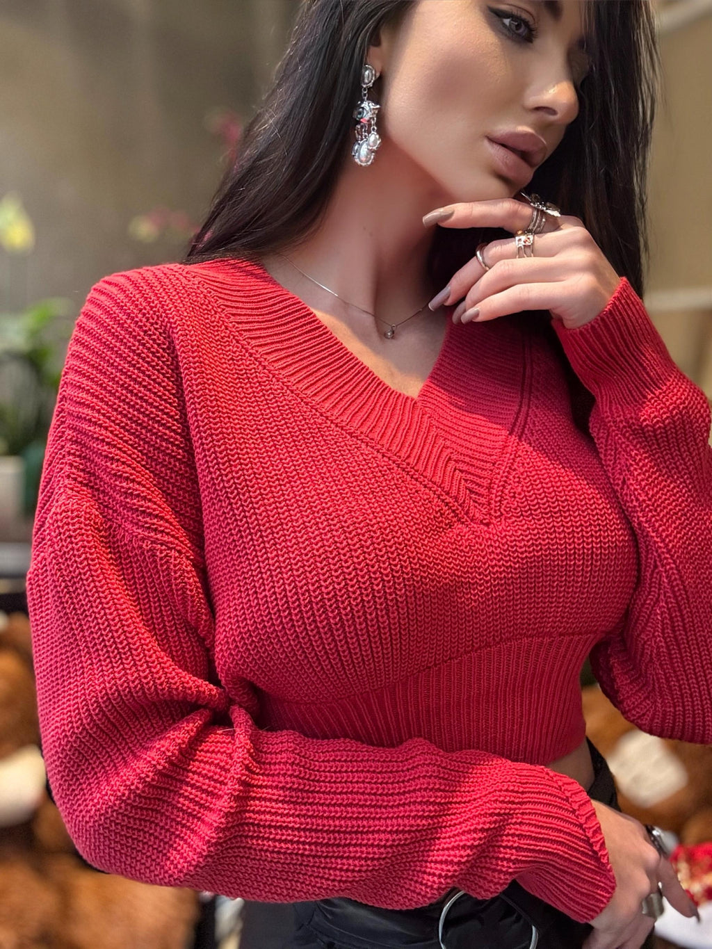 Organic cotton red sweater crop top Cable knit V collar cotton merino wool pullover women Chunky knit black fall oversize sweater V neck