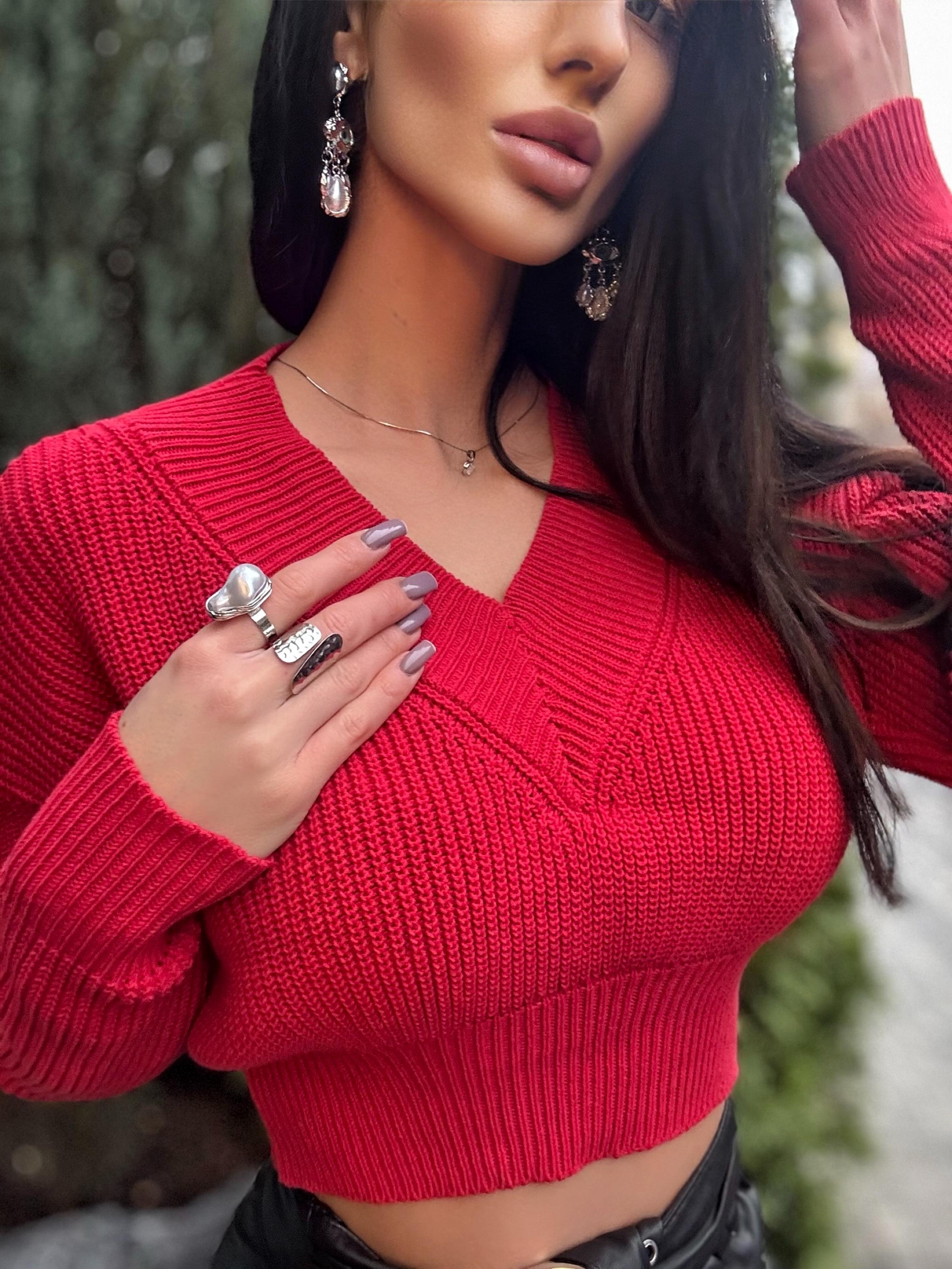 Organic cotton red sweater crop top Cable knit V collar cotton merino wool pullover women Chunky knit black fall oversize sweater V neck