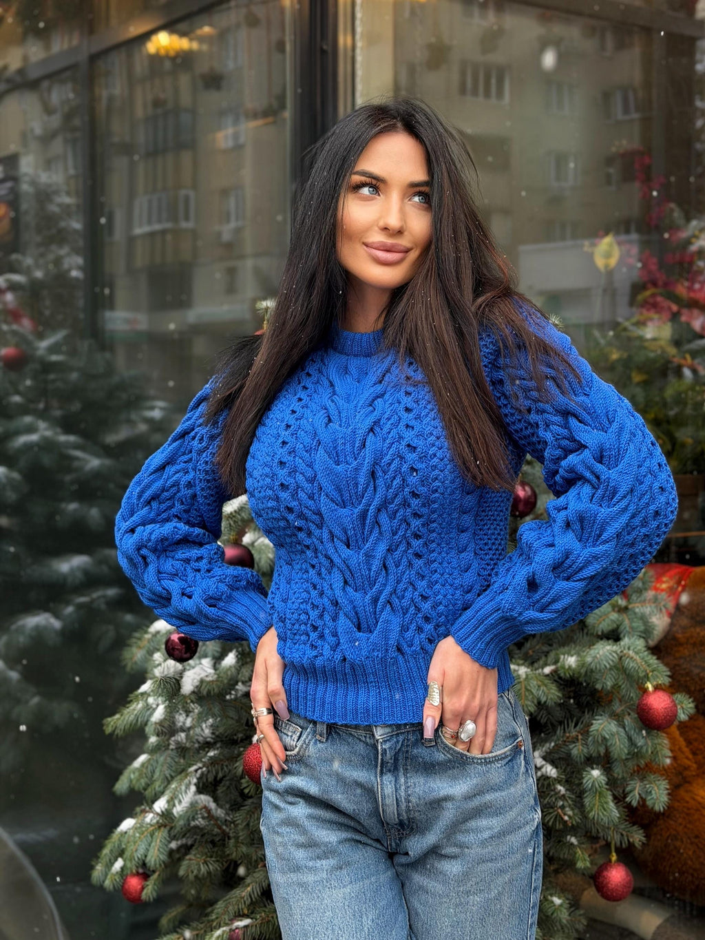 Hand knitted royal blue Aran merino wool sweater for women Cable knit braids jumper Loose knit pullover Chunky knit braids pullover