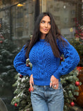 Hand knitted royal blue Aran merino wool sweater for women Cable knit braids jumper Loose knit pullover Chunky knit braids pullover