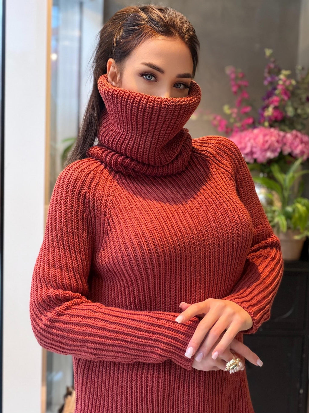 Hand knit merino wool terracotta brick red color big turtleneck high collar long sweaterdress Cable Knit Womens Chunky knit pullover
