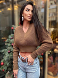 Organic cotton light brown sweater crop top Cable knit V collar dark beige cotton merino wool pullover Chunky knit black fall oversiz V neck