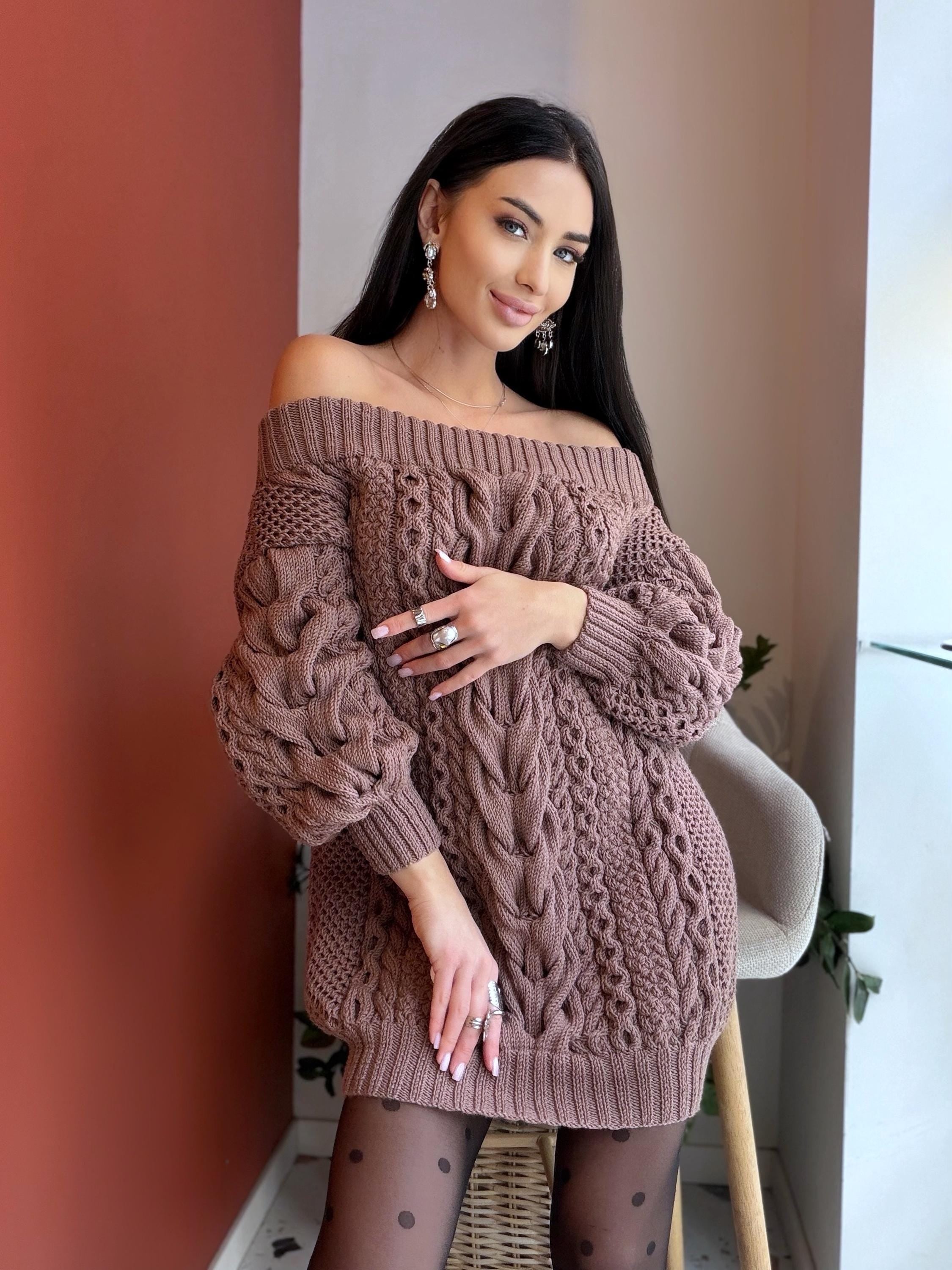 Hand knit light beige cocoa color Off shoulder 100% merino wool sweater dress Long Cable knit sweater one shoulder dress Big cozy dress