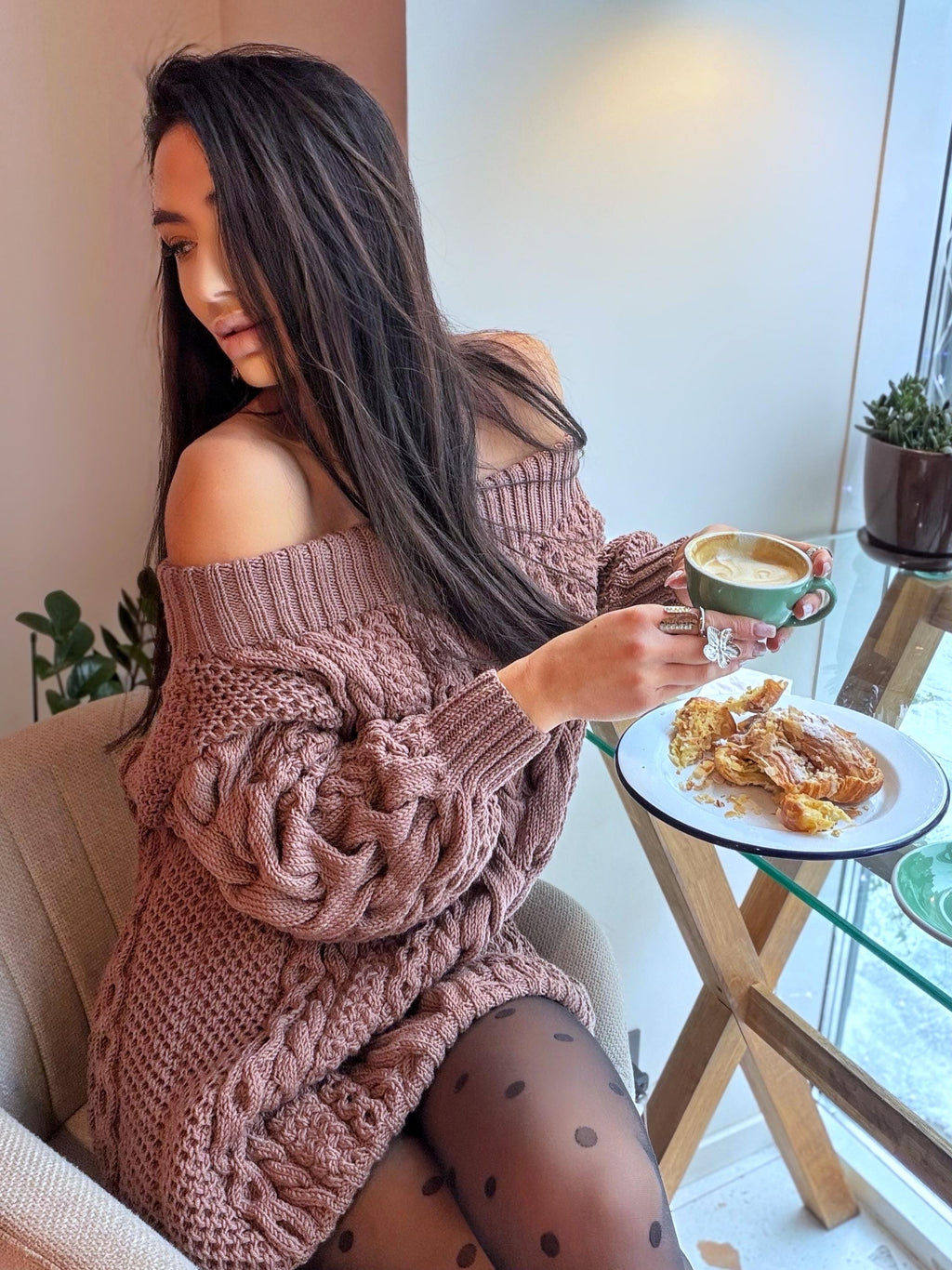 Hand knit light beige cocoa color Off shoulder 100% merino wool sweater dress Long Cable knit sweater one shoulder dress Big cozy dress