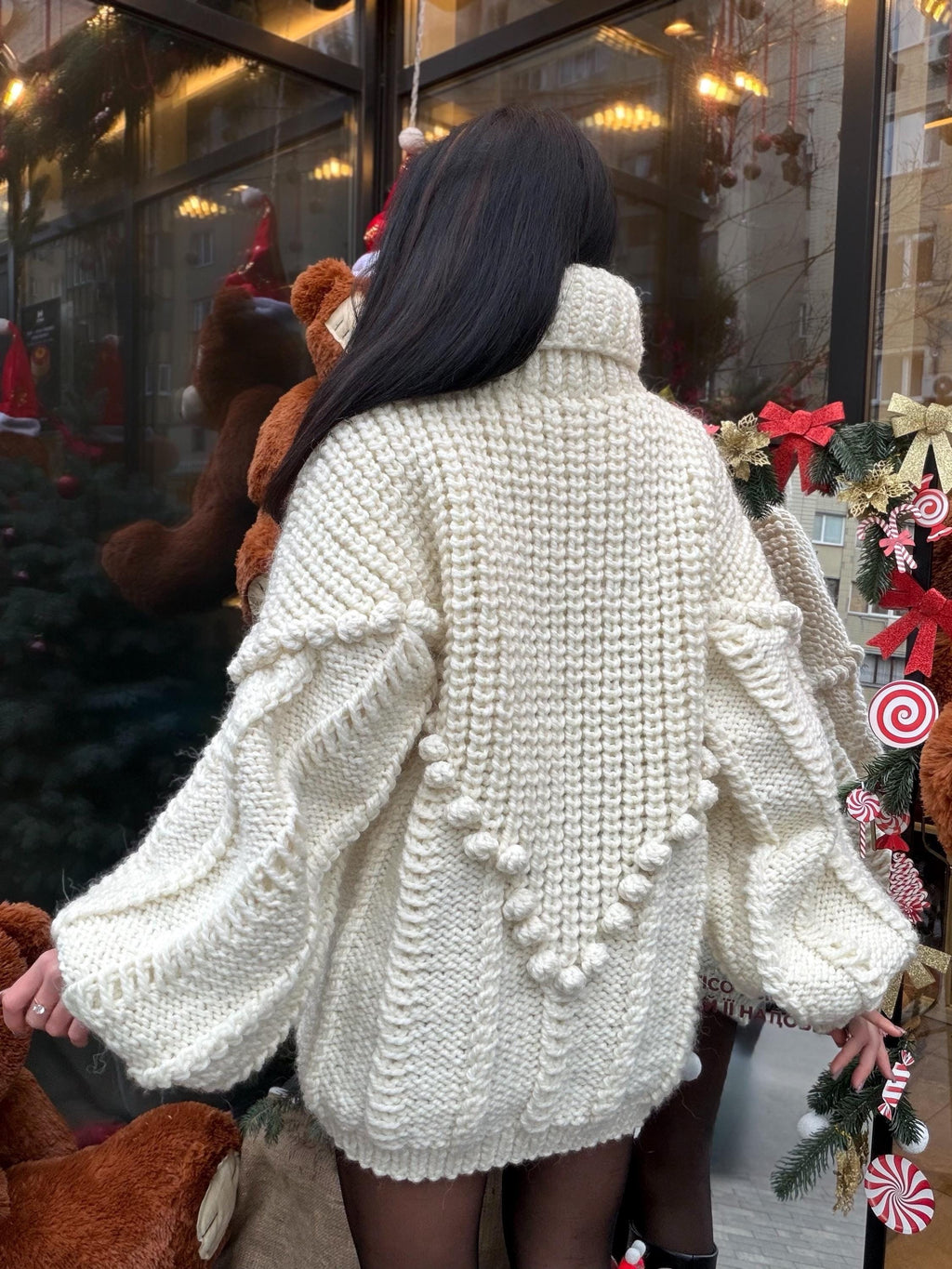 Big alpaca wool hand knit White Milk sweater dress turtleneck Cable knit high collar big sweater Chunky knitted Super Bulky Sweater dress