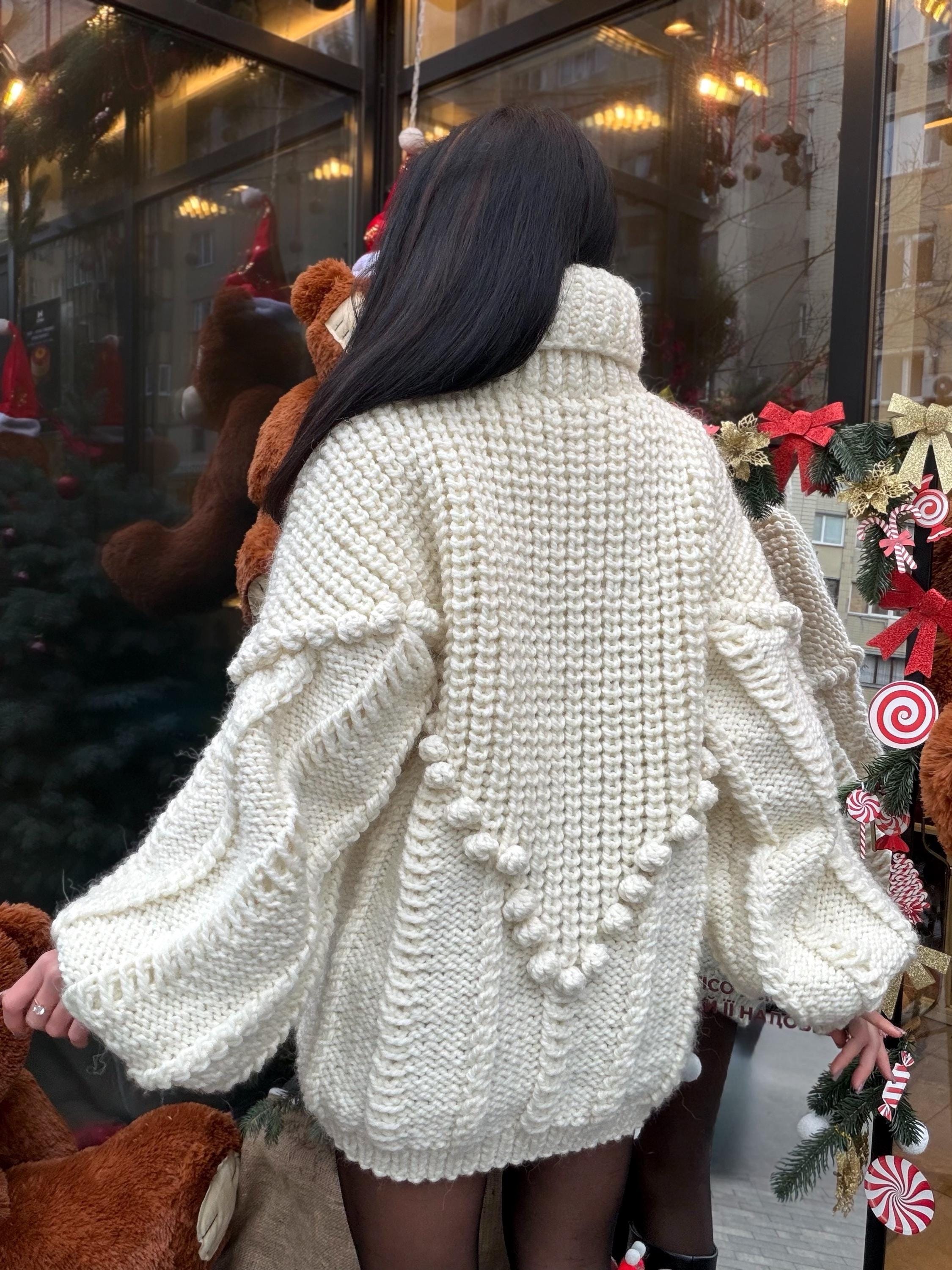 Big alpaca wool hand knit White Milk sweater dress turtleneck Cable knit high collar big sweater Chunky knitted Super Bulky Sweater dress