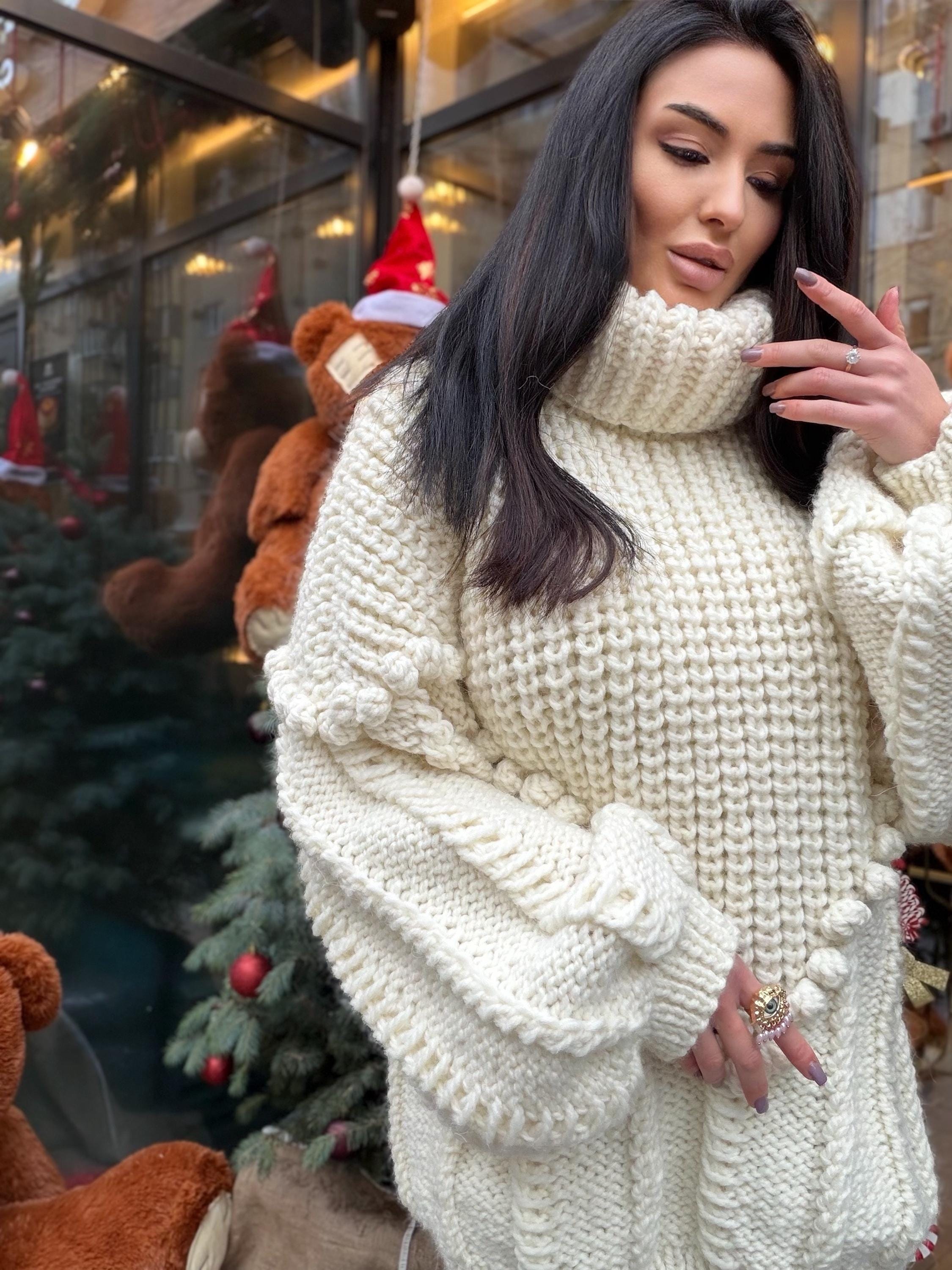 Big alpaca wool hand knit White Milk sweater dress turtleneck Cable knit high collar big sweater Chunky knitted Super Bulky Sweater dress