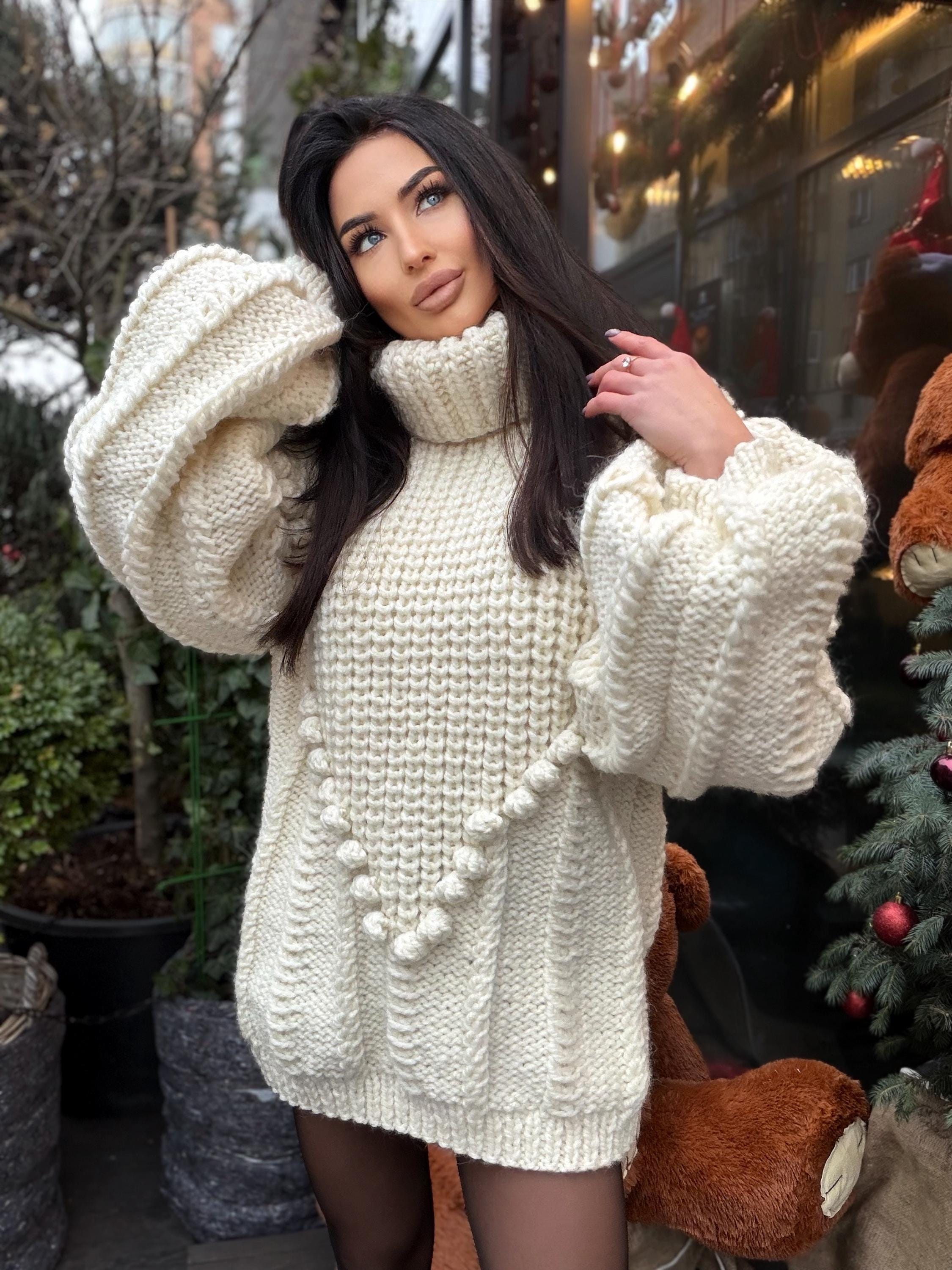 Big alpaca wool hand knit White Milk sweater dress turtleneck Cable knit high collar big sweater Chunky knitted Super Bulky Sweater dress