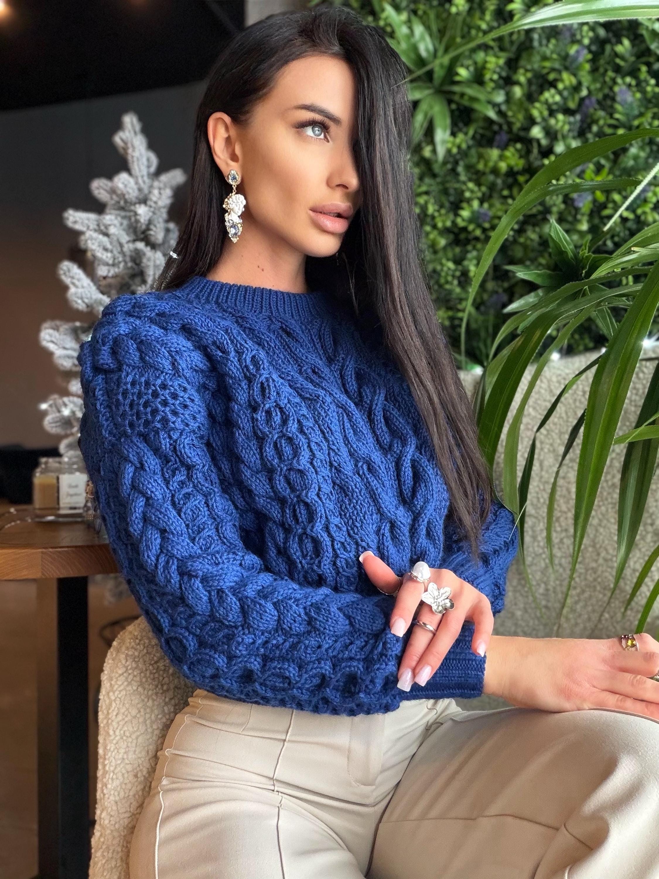 Cropped hand knit merino wool dark royal blue aran sweater top women Crop jumper Cable knitting Loose knit oversized High waist