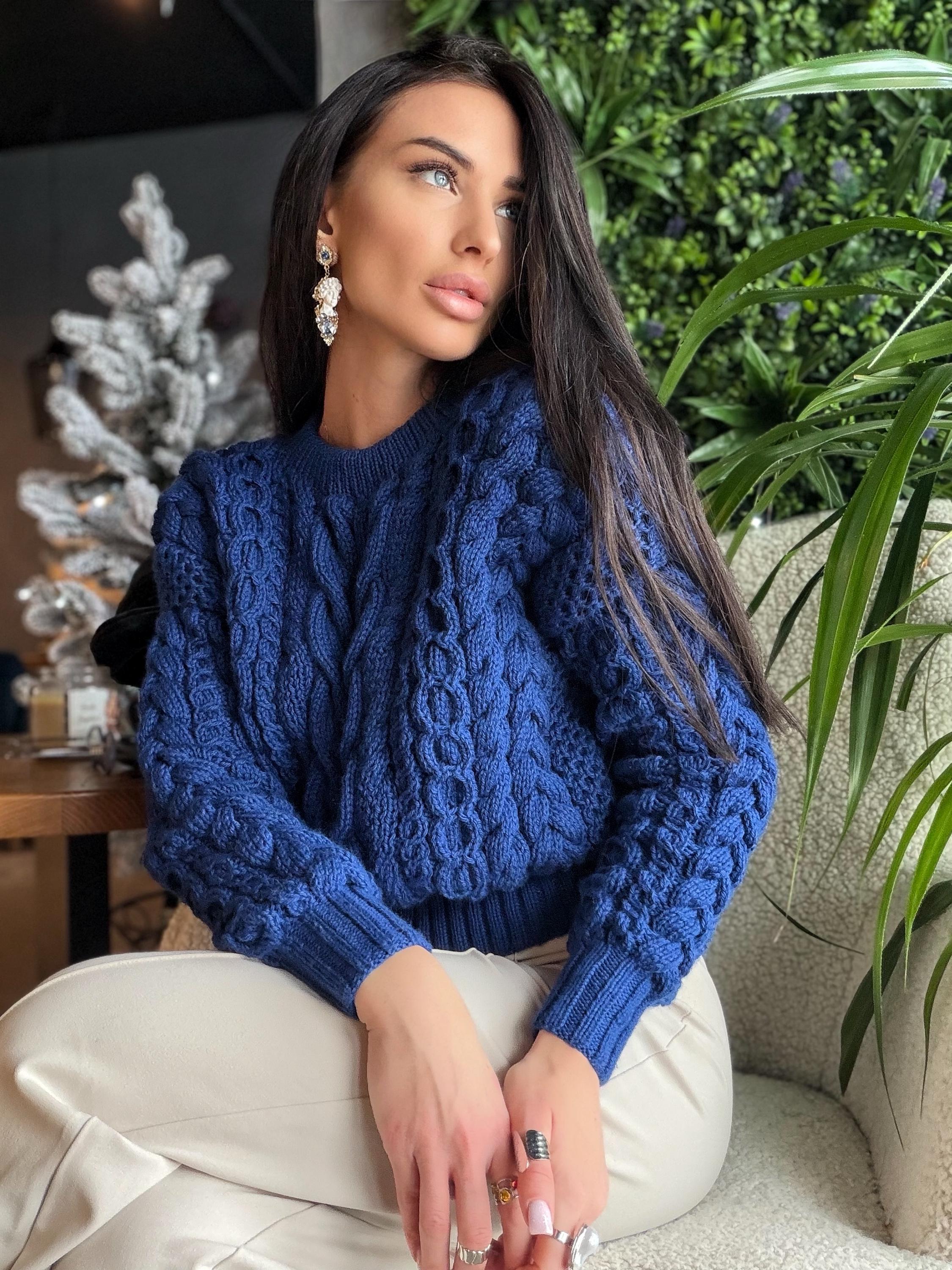 Crop merino wool hand knit royal blue aran sweater top women Crop chunky knit jumper Cable knitting Loose knit oversized High waist