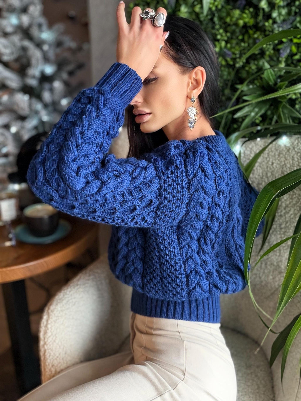 Crop merino wool hand knit royal blue aran sweater top women Crop chunky knit jumper Cable knitting Loose knit oversized High waist