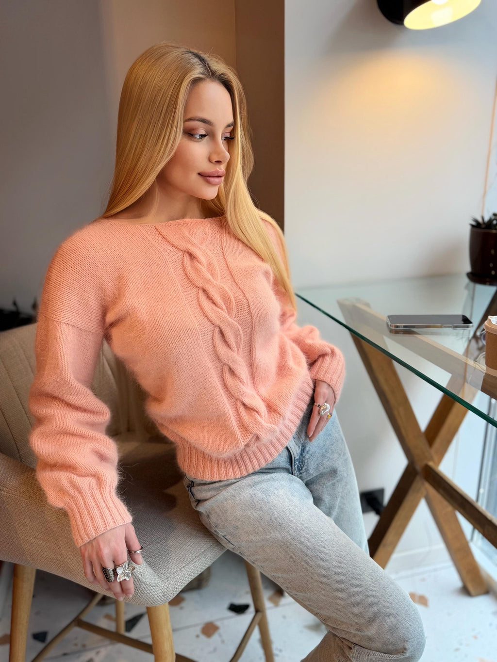 Hand knit angora sweater Soft peach Open back Deep neckline Knit fluffy angora pullover Loose fit oversized V-neck Top long sleevs Cozy