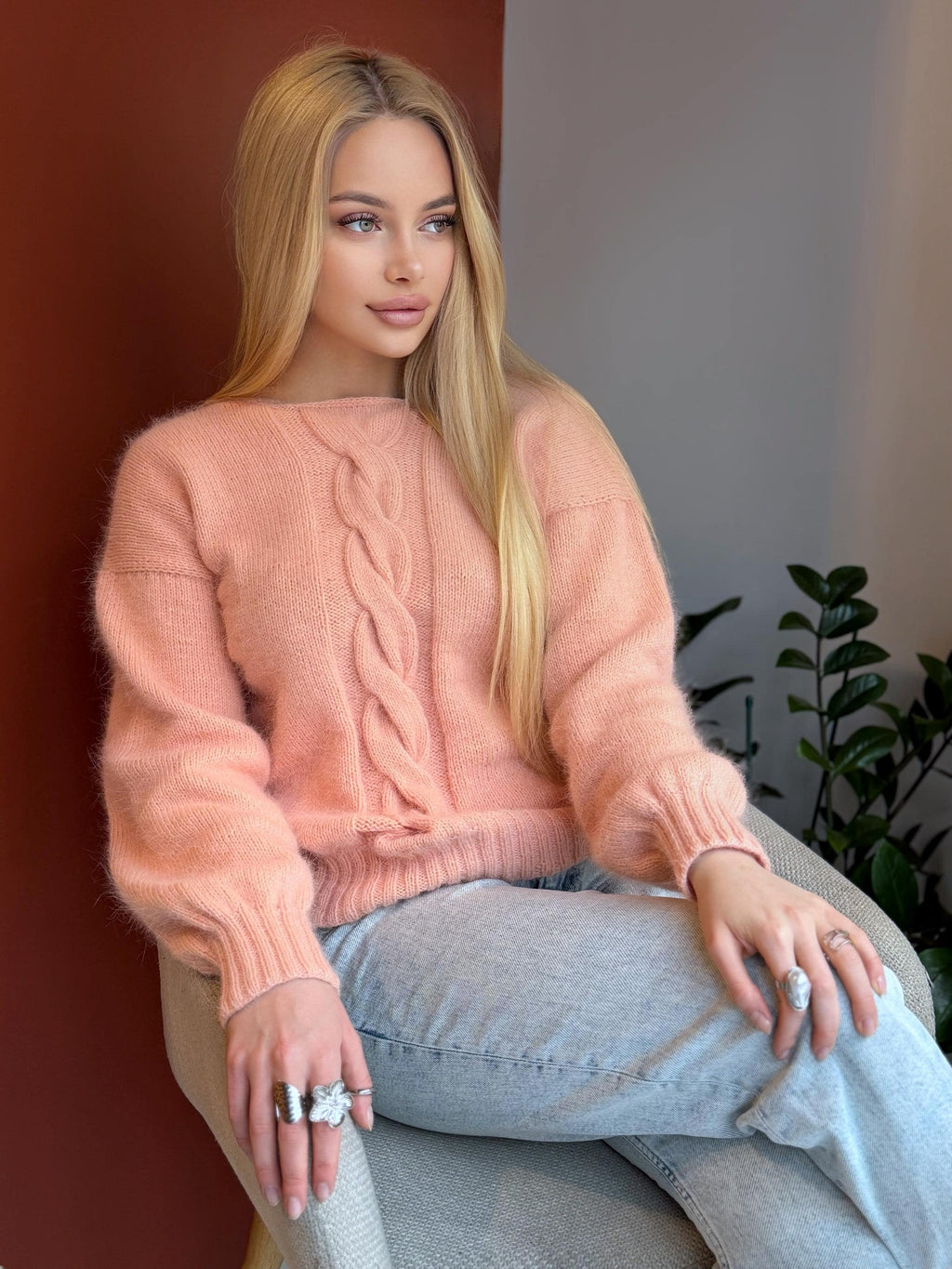 Hand knit angora sweater Soft peach Open back Deep neckline Knit fluffy angora pullover Loose fit oversized V-neck Top long sleevs Cozy