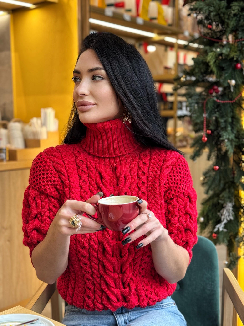 Chunky hand knit red turtleneck sweater top crop shot sleeves pullover Merino wool sweater half sleeve Women cable knit high collar sweater