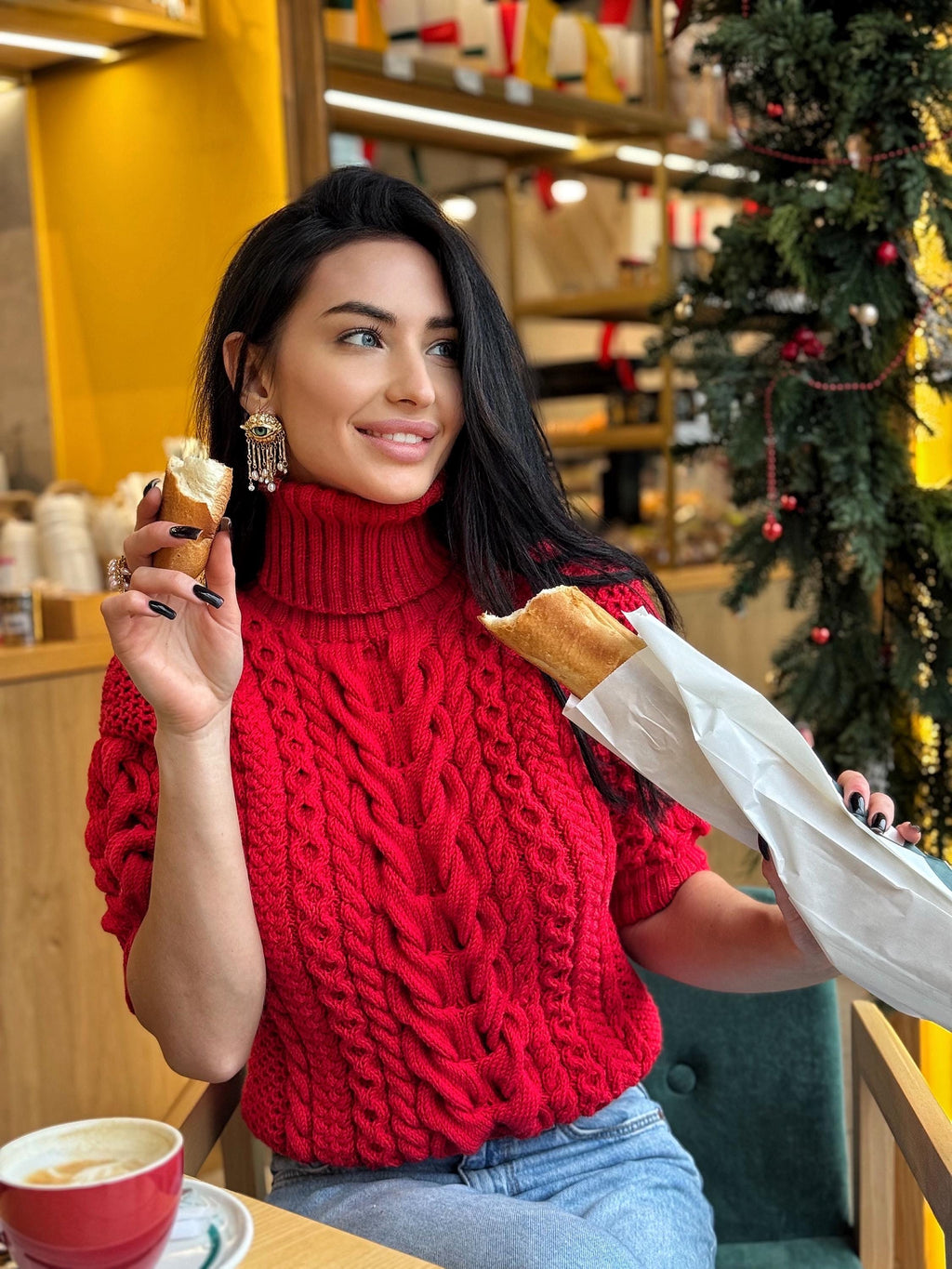 Chunky hand knit red turtleneck sweater top crop shot sleeves pullover Merino wool sweater half sleeve Women cable knit high collar sweater