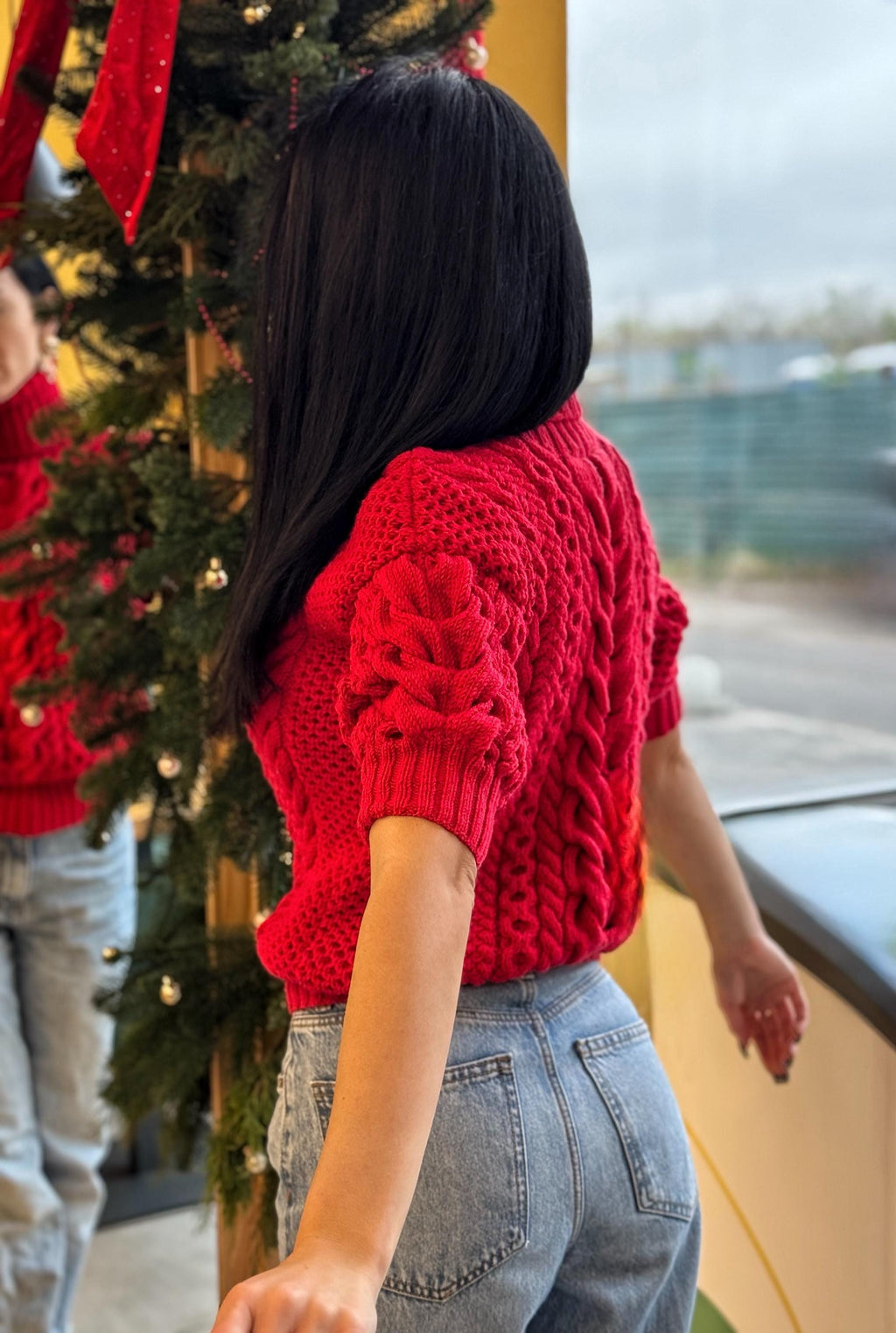 Chunky hand knit red turtleneck sweater top crop shot sleeves pullover Merino wool sweater half sleeve Women cable knit high collar sweater