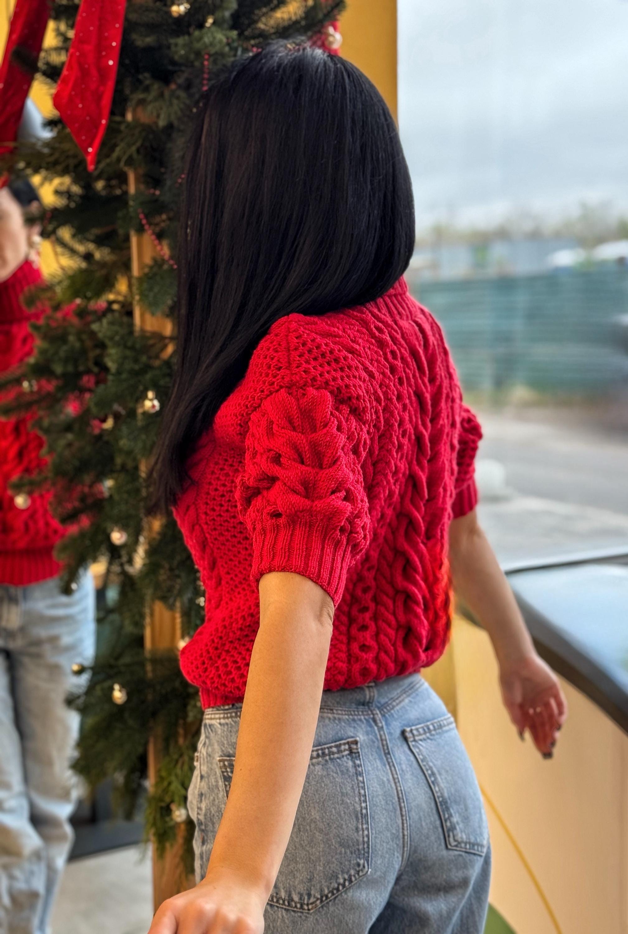 Chunky hand knit red turtleneck sweater top crop shot sleeves pullover Merino wool sweater half sleeve Women cable knit high collar sweater