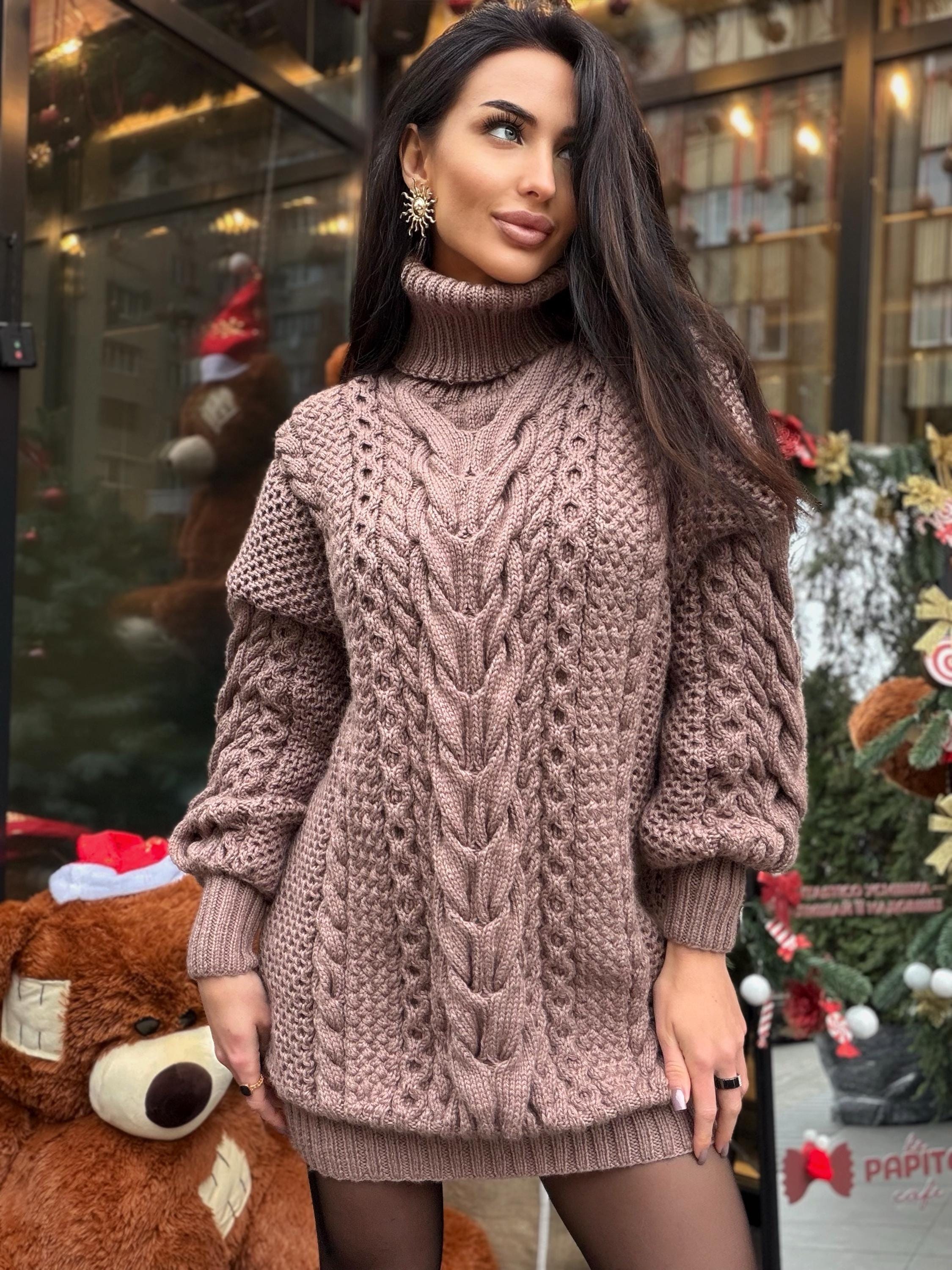 Aran long hand knitted beige light brown merino wool sweater dress Turtleneck cable knit pullover women Сhunky knit big sweater