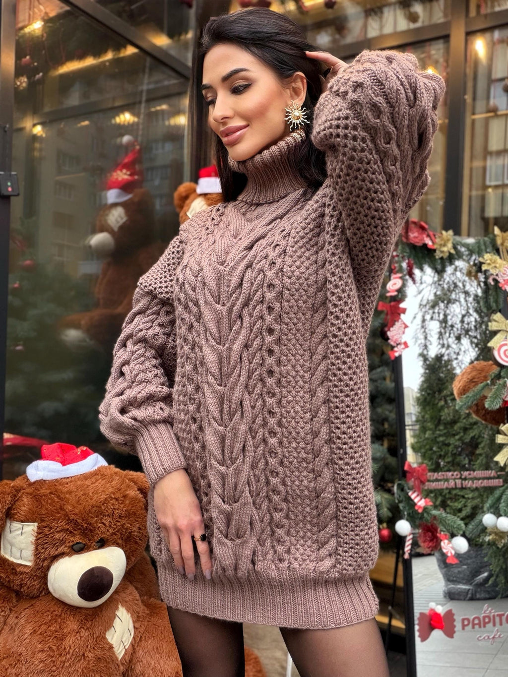 Aran long hand knitted beige light brown merino wool sweater dress Turtleneck cable knit pullover women Сhunky knit big sweater