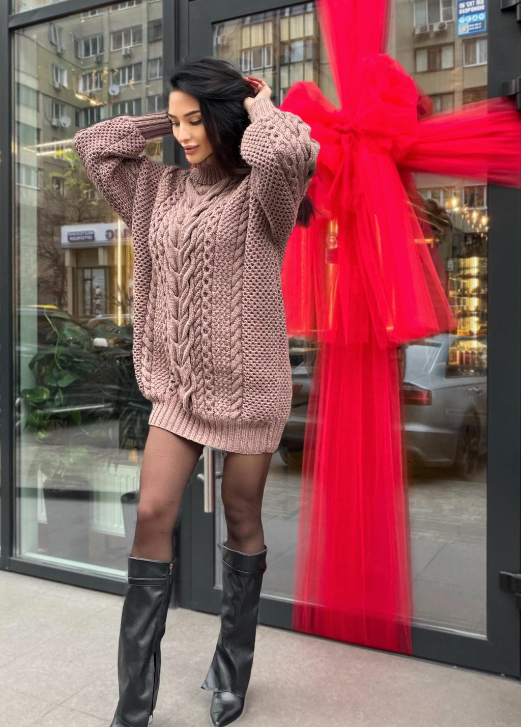 Aran long hand knitted beige light brown merino wool sweater dress Turtleneck cable knit pullover women Сhunky knit big sweater