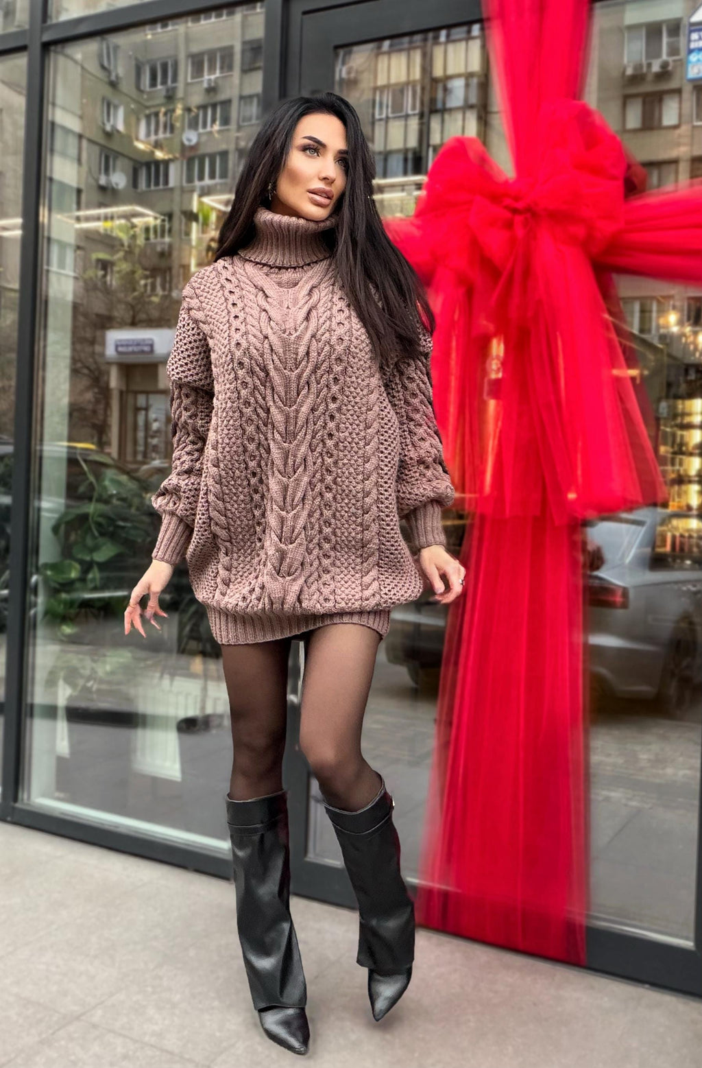 Aran long hand knitted beige light brown merino wool sweater dress Turtleneck cable knit pullover women Сhunky knit big sweater
