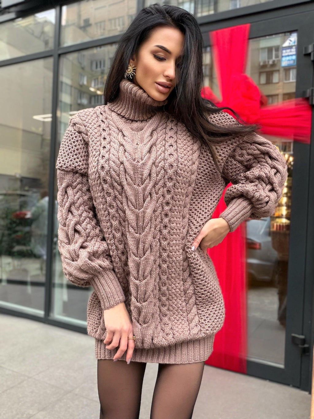 Aran long hand knitted beige light brown merino wool sweater dress Turtleneck cable knit pullover women Сhunky knit big sweater