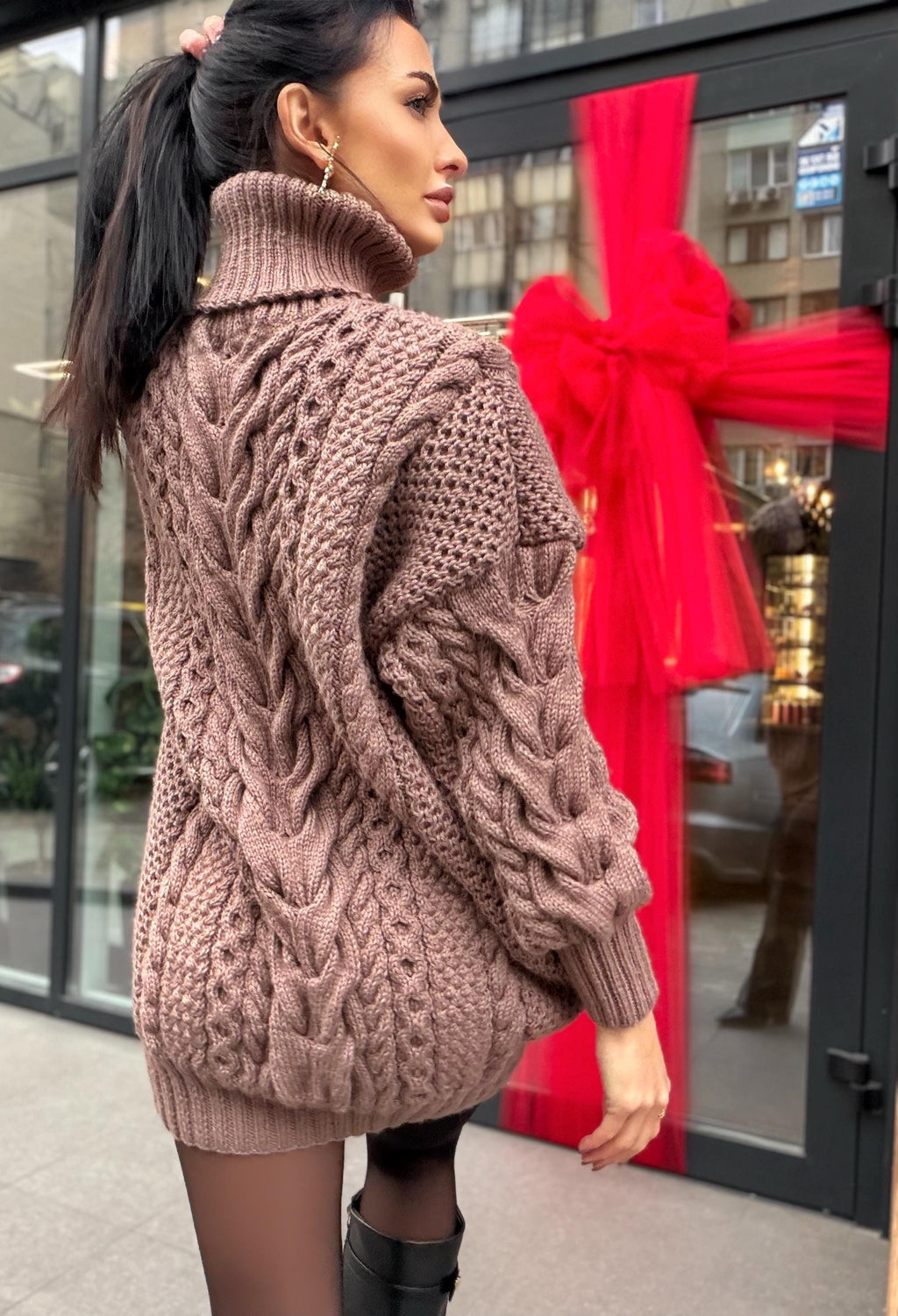 Aran long hand knitted beige light brown merino wool sweater dress Turtleneck cable knit pullover women Сhunky knit big sweater